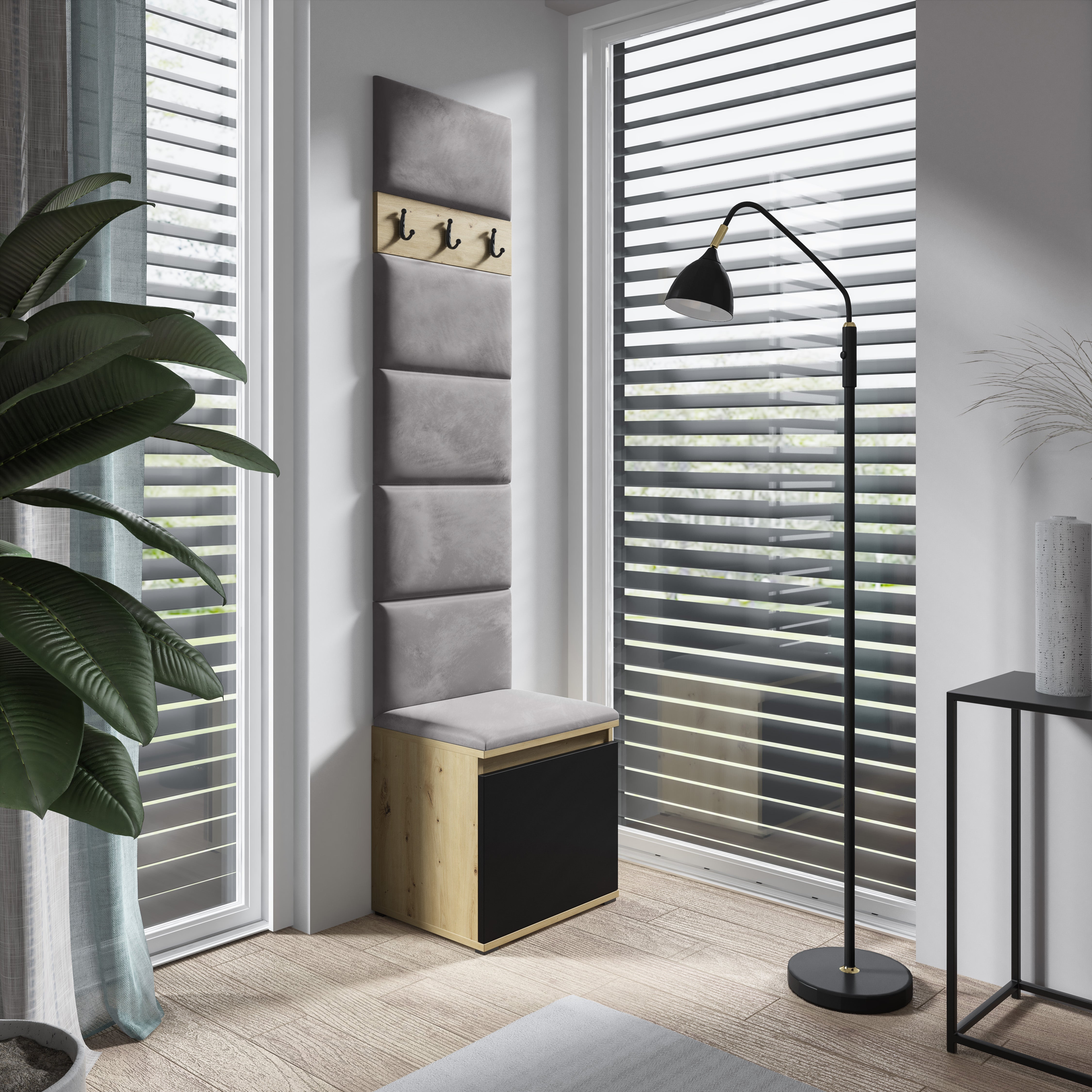 PK Emi 7 Flurgarderobe Artisan Eiche/Schwarz - Polsterpaneele in verschiedenen Farben