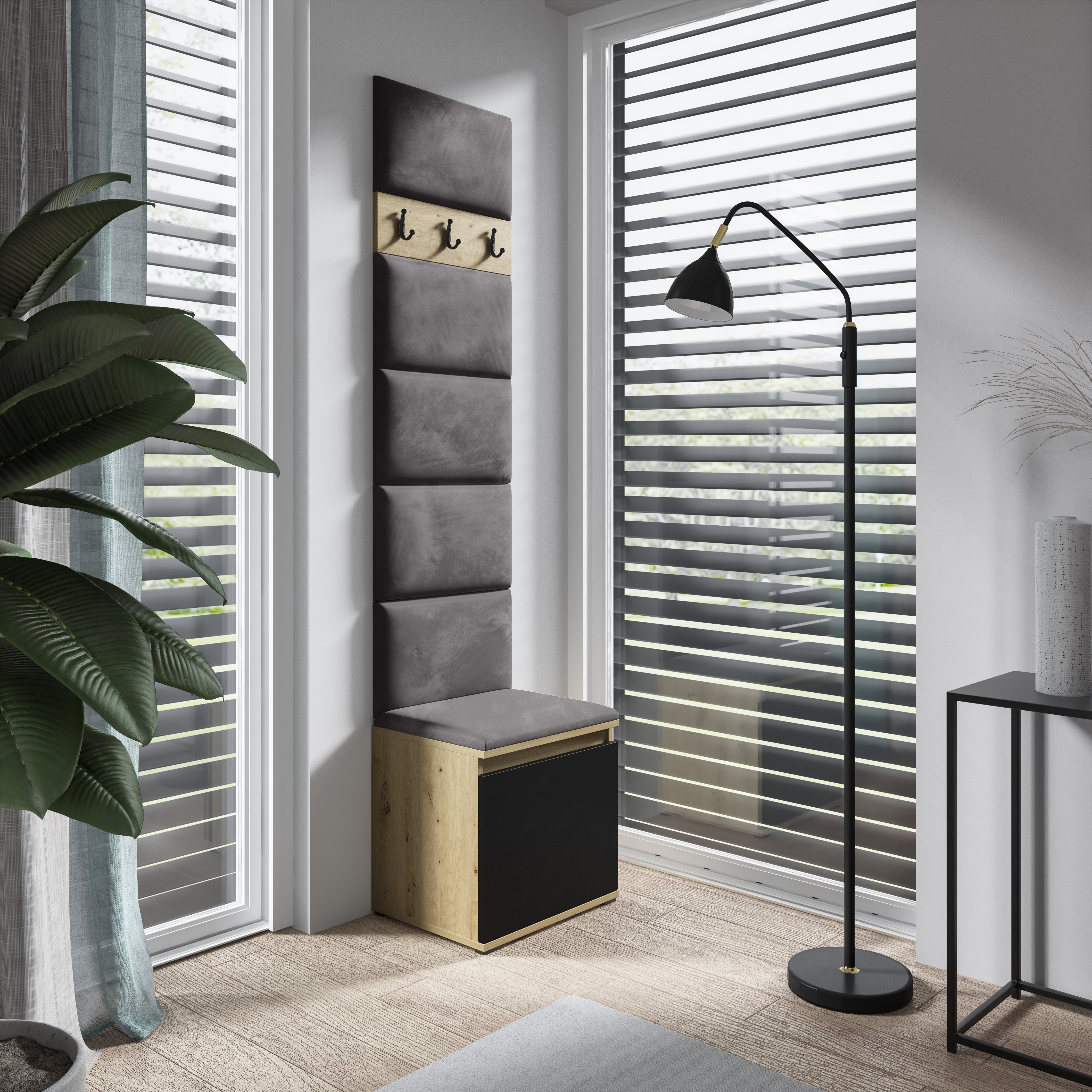 PK Emi 7 Flurgarderobe Artisan Eiche/Schwarz - Polsterpaneele in verschiedenen Farben