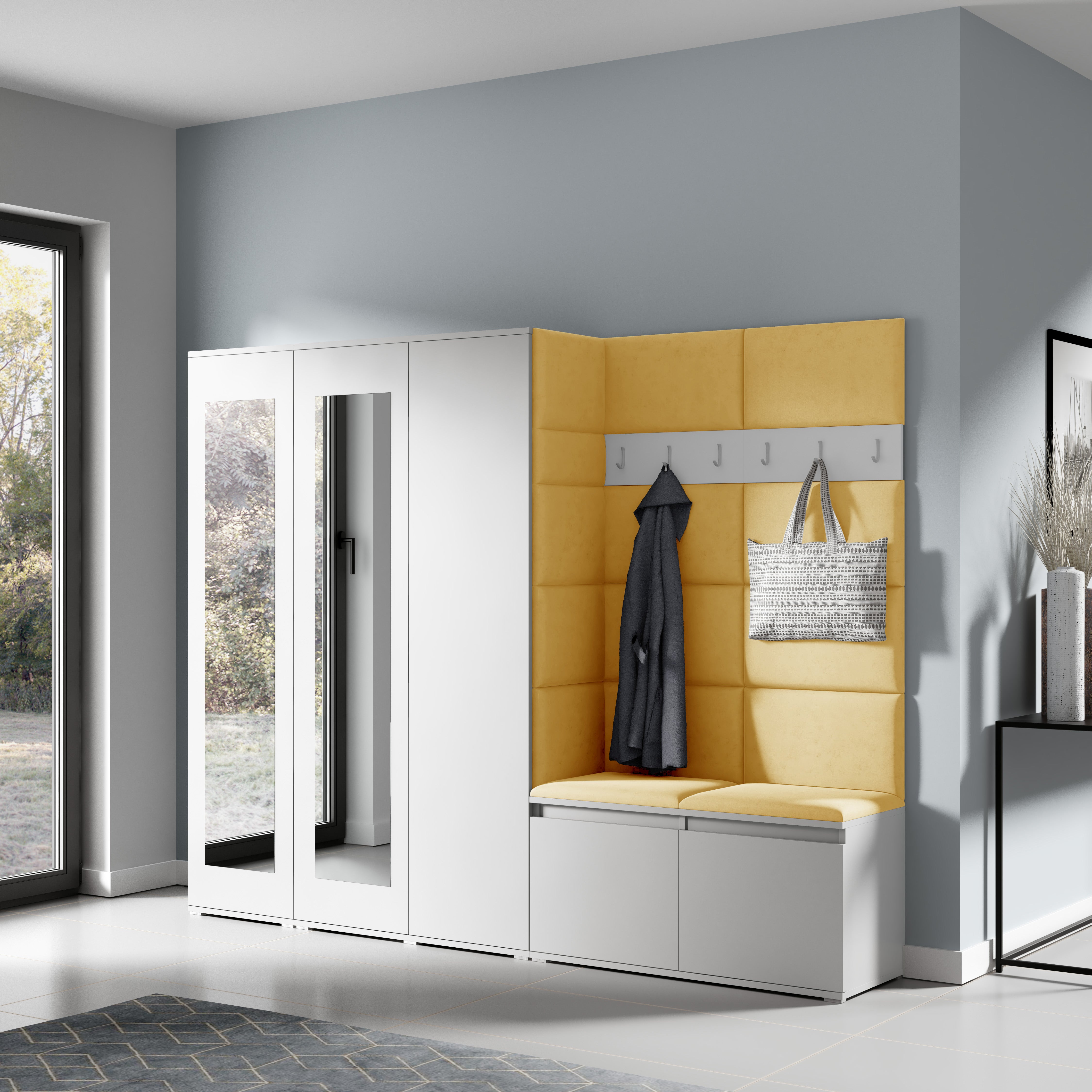 PK Emi 15 Hallway Wardrobe White - Upholstered Panels in Various Colours