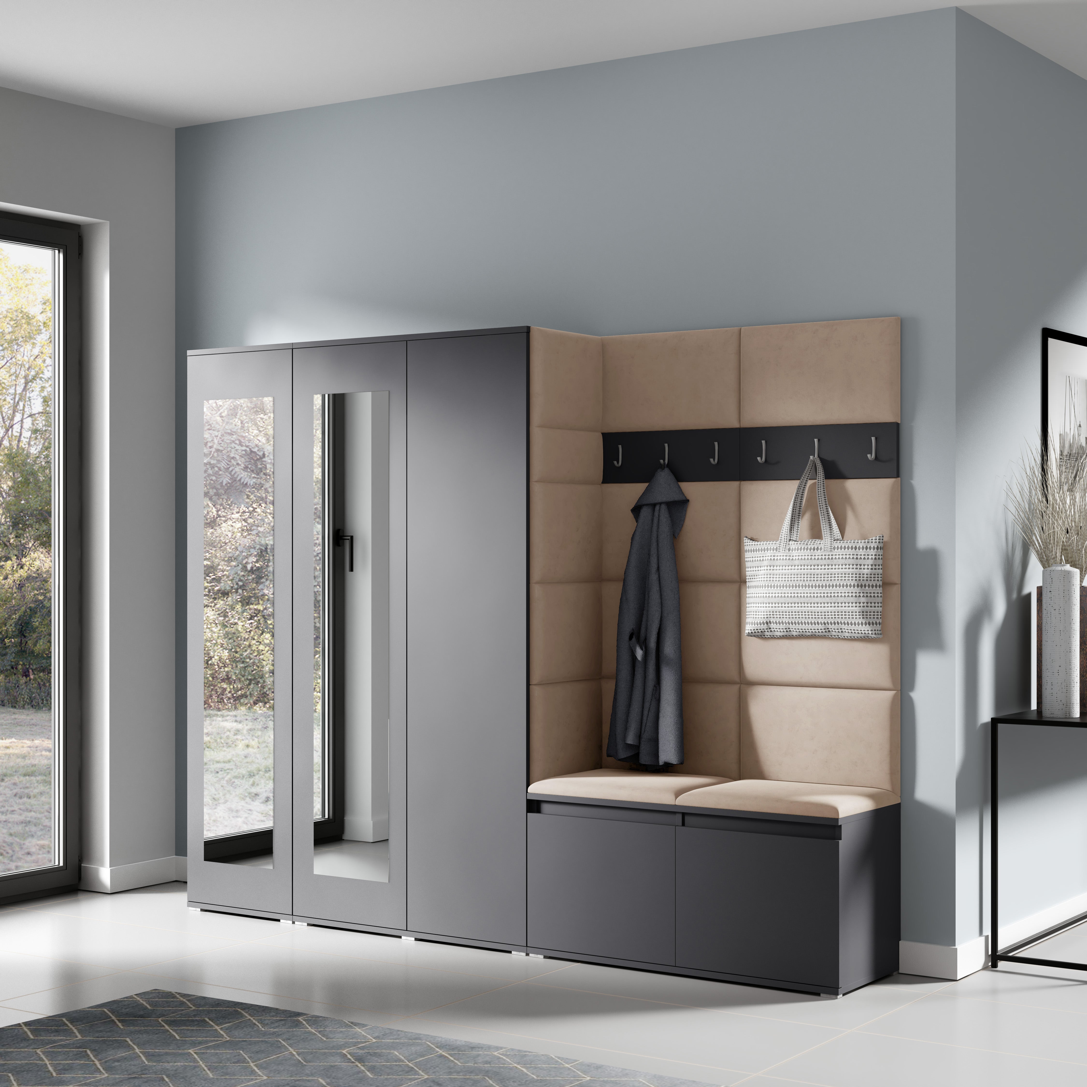 PK Emi 15 Hallway Wardrobe Graphite - Upholstered Panels in Various Colours