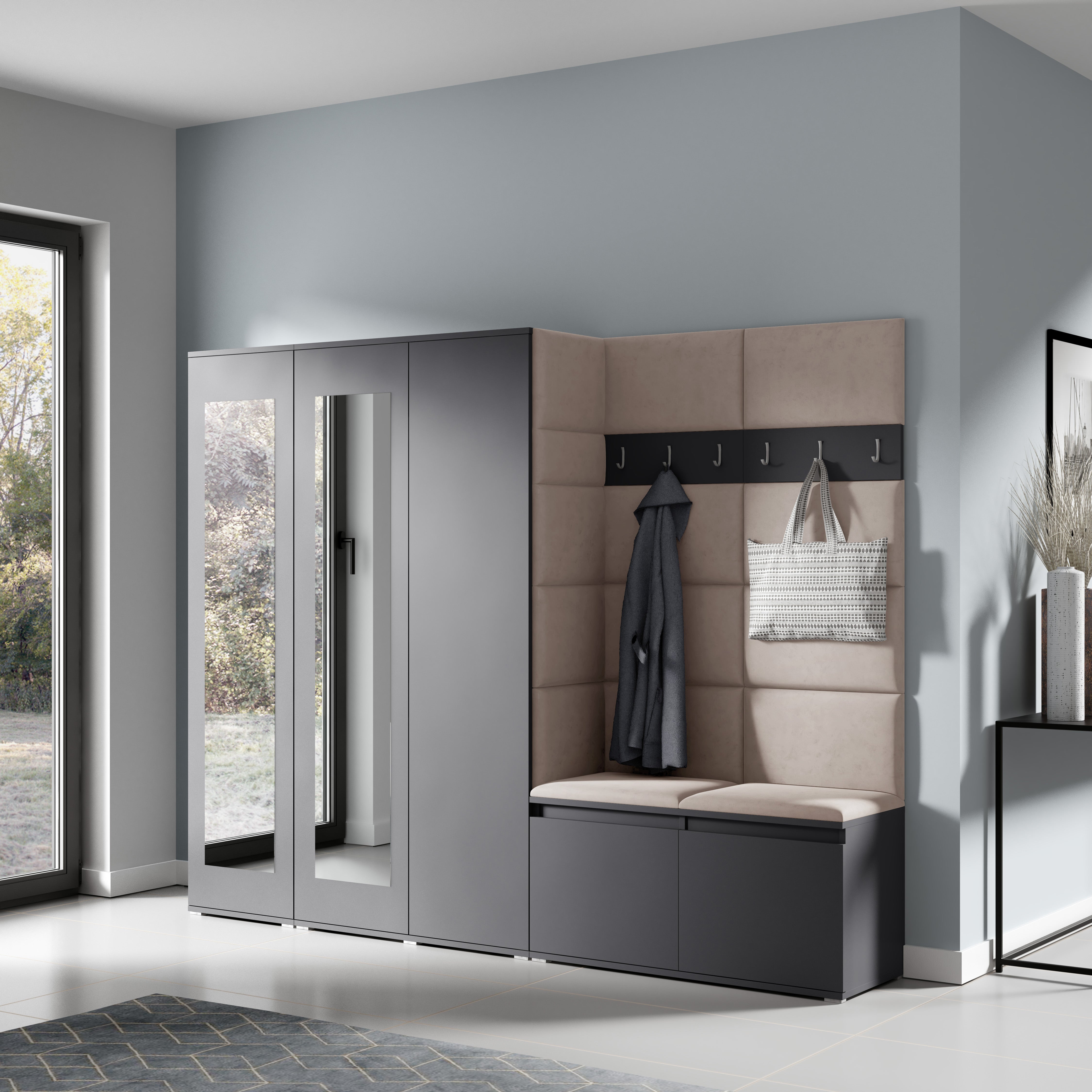 PK Emi 15 Hallway Wardrobe Graphite - Upholstered Panels in Various Colours
