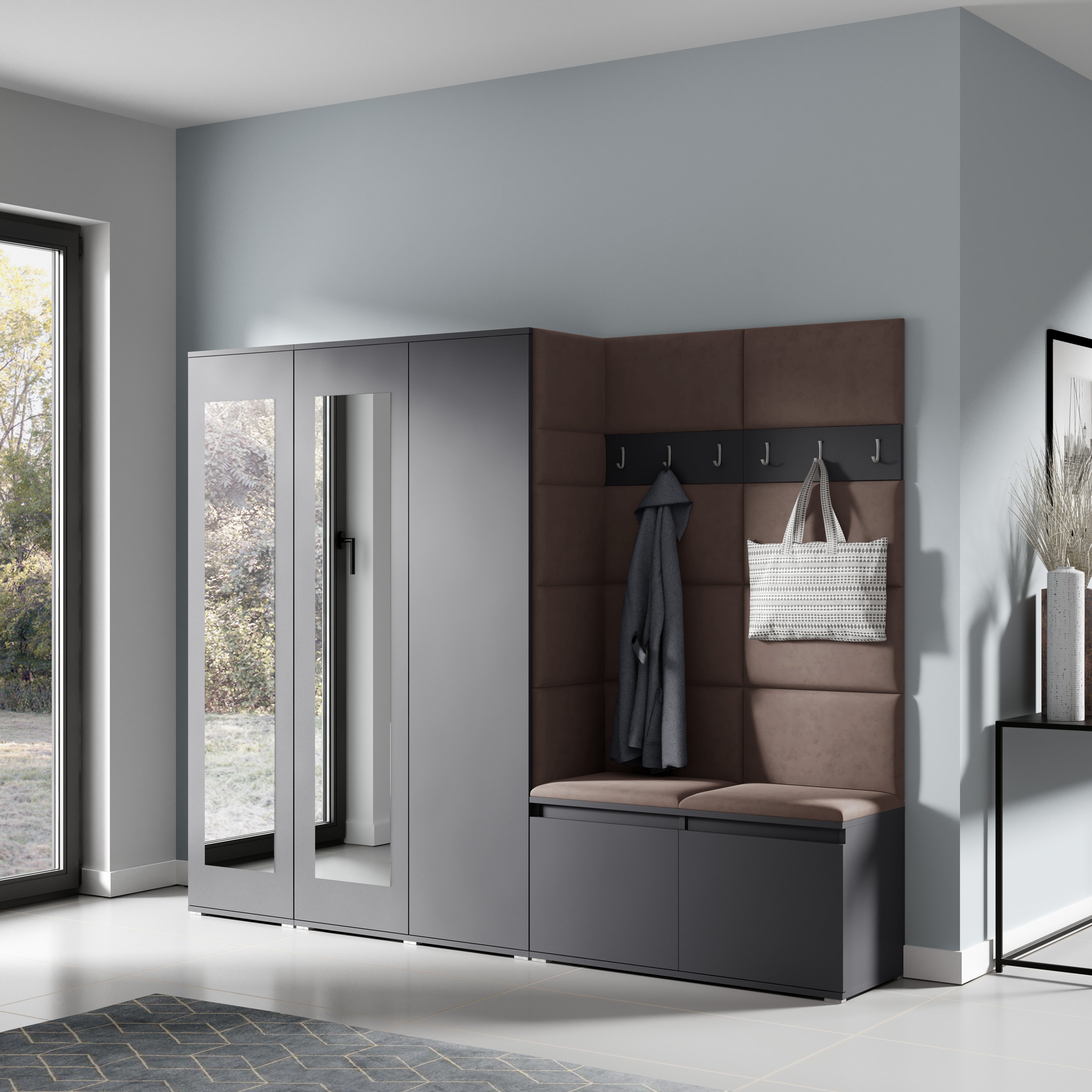 PK Emi 15 Hallway Wardrobe Graphite - Upholstered Panels in Various Colours