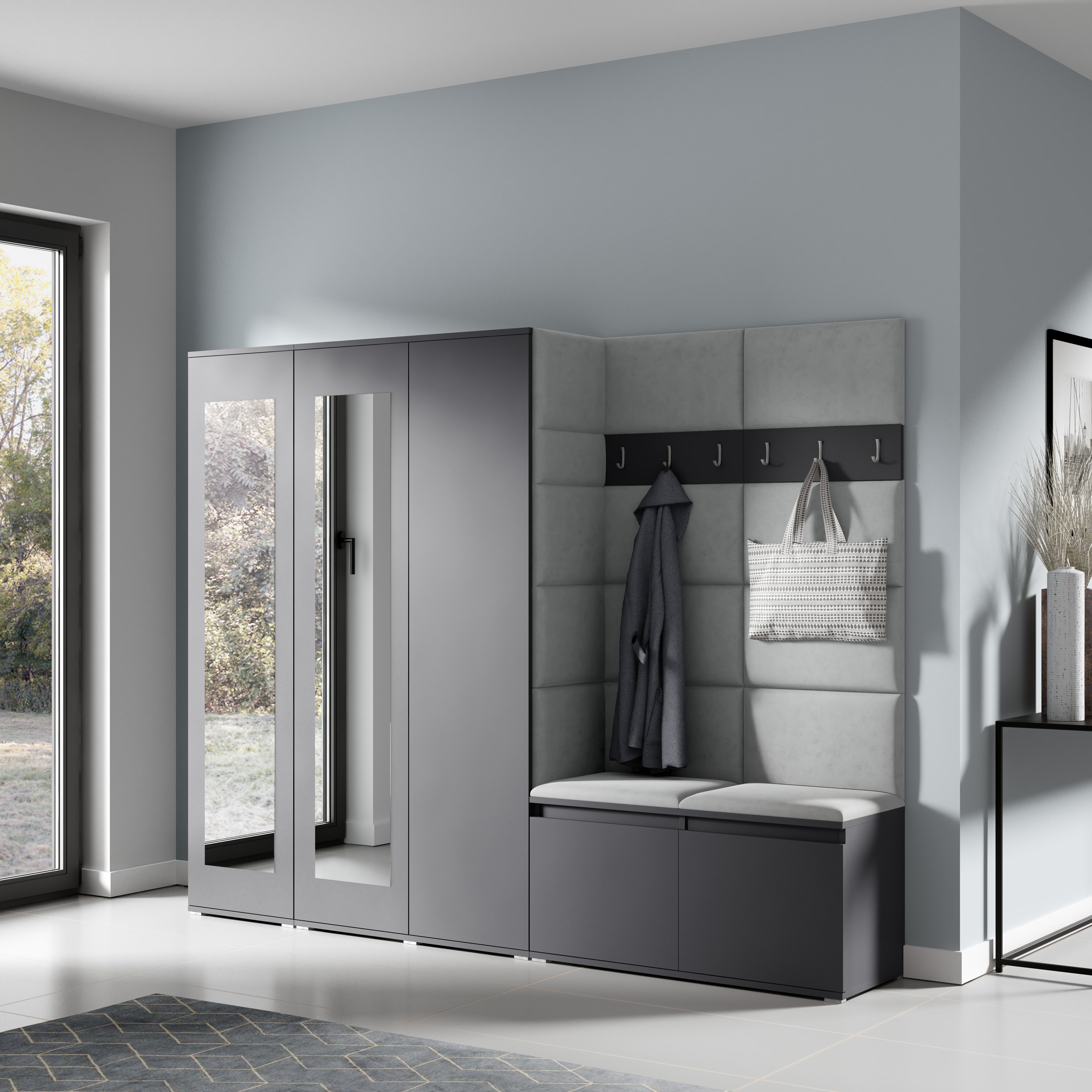 PK Emi 15 Hallway Wardrobe Graphite - Upholstered Panels in Various Colours