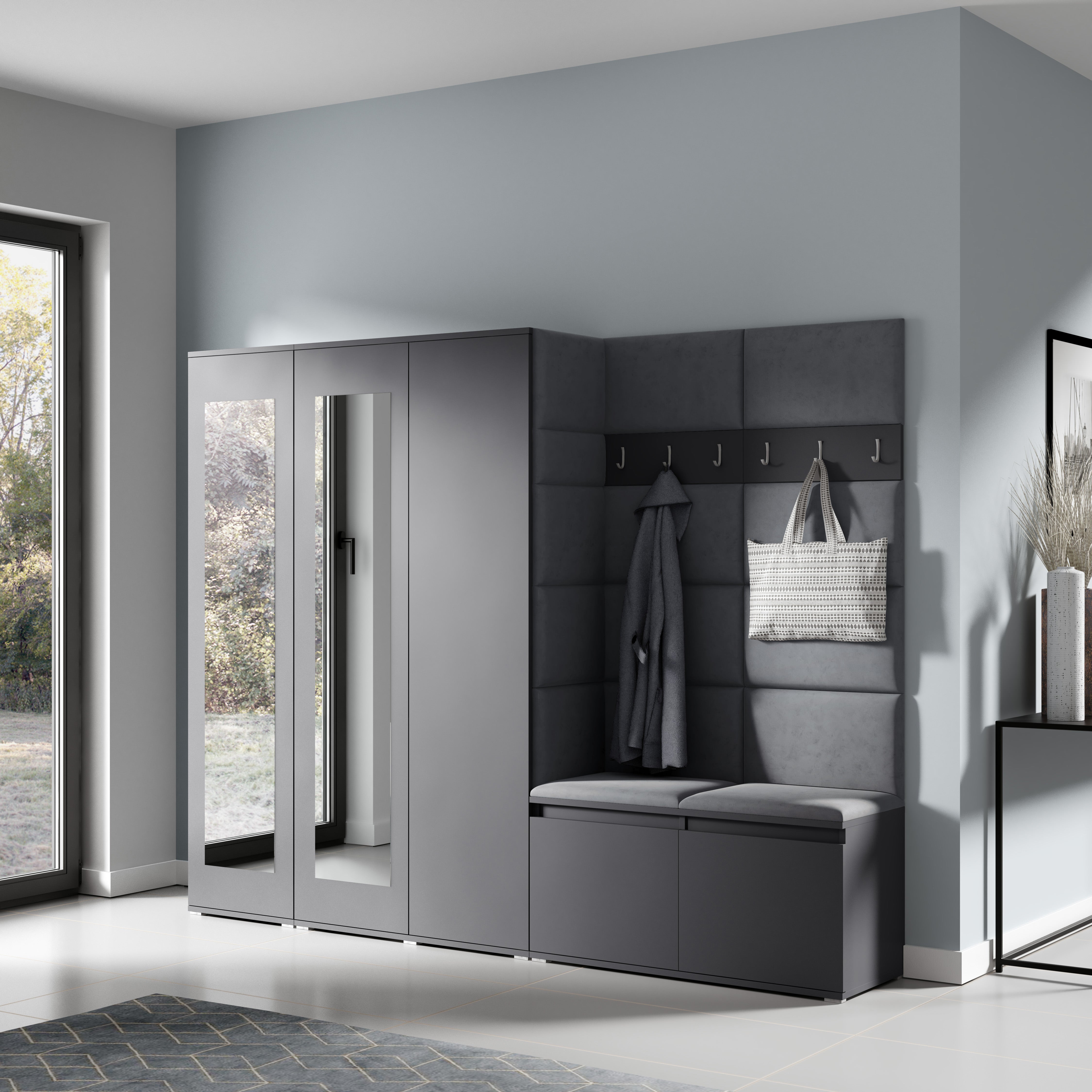 PK Emi 15 Hallway Wardrobe Graphite - Upholstered Panels in Various Colours