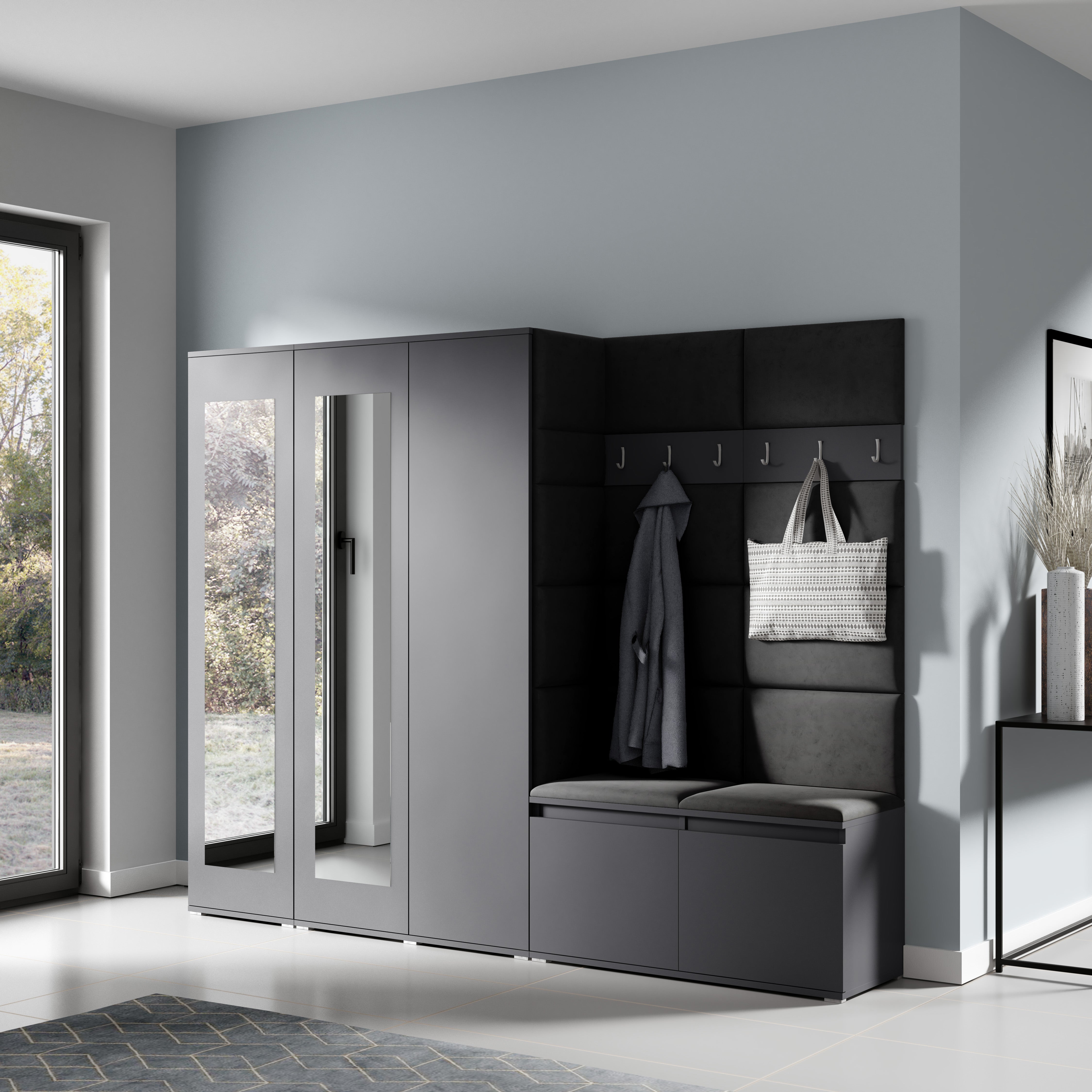 PK Emi 15 Hallway Wardrobe Graphite - Upholstered Panels in Various Colours