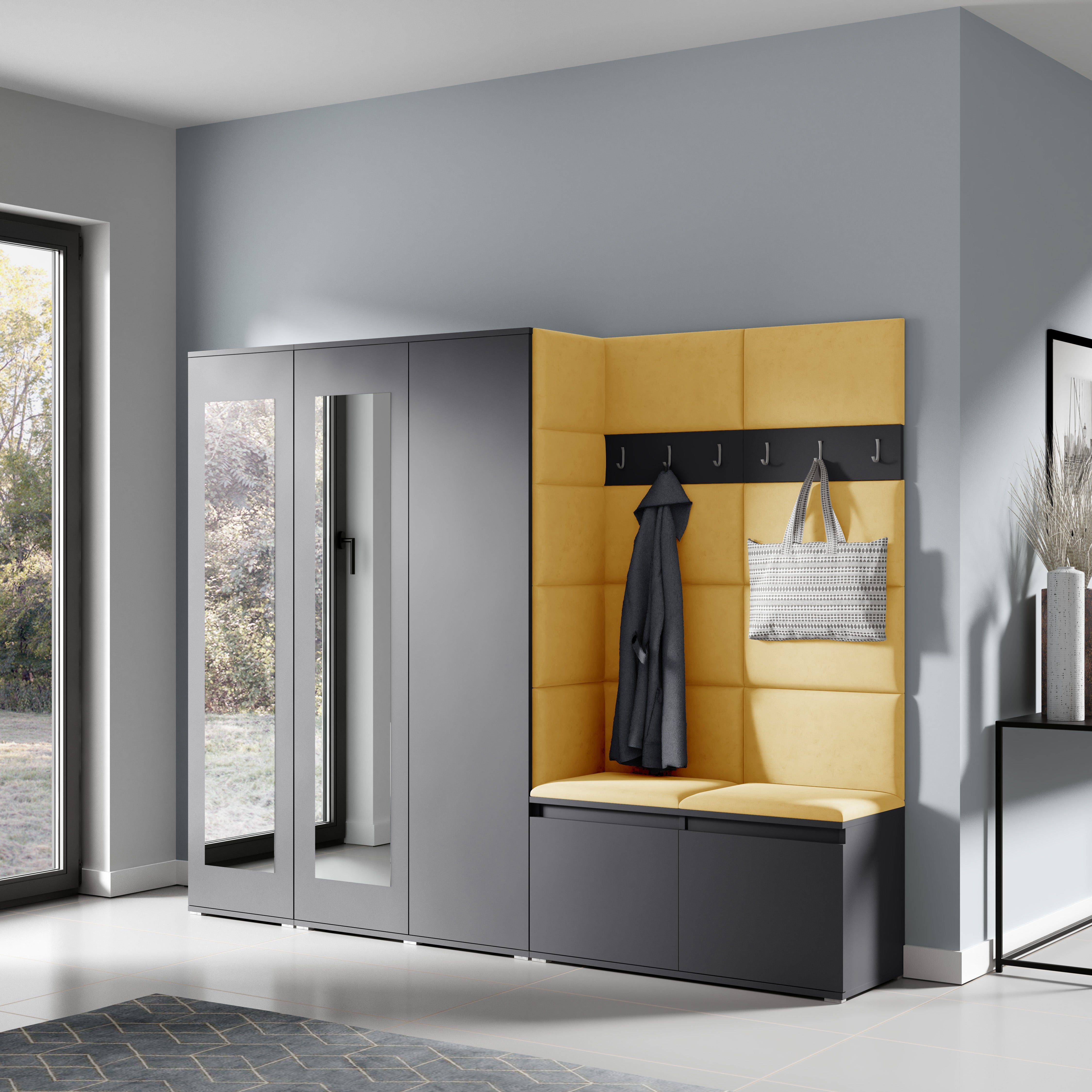 PK Emi 15 Hallway Wardrobe Graphite - Upholstered Panels in Various Colours