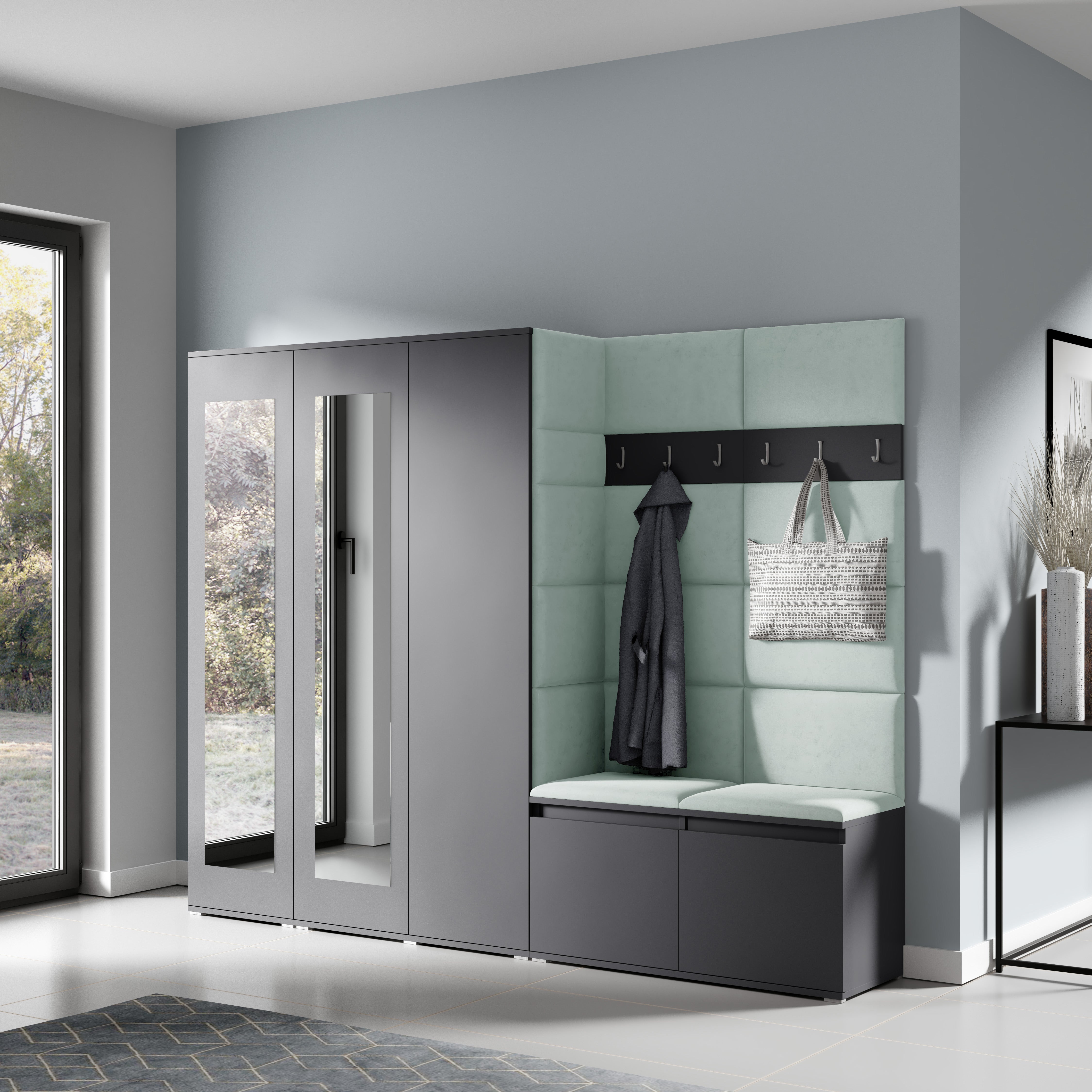 PK Emi 15 Hallway Wardrobe Graphite - Upholstered Panels in Various Colours