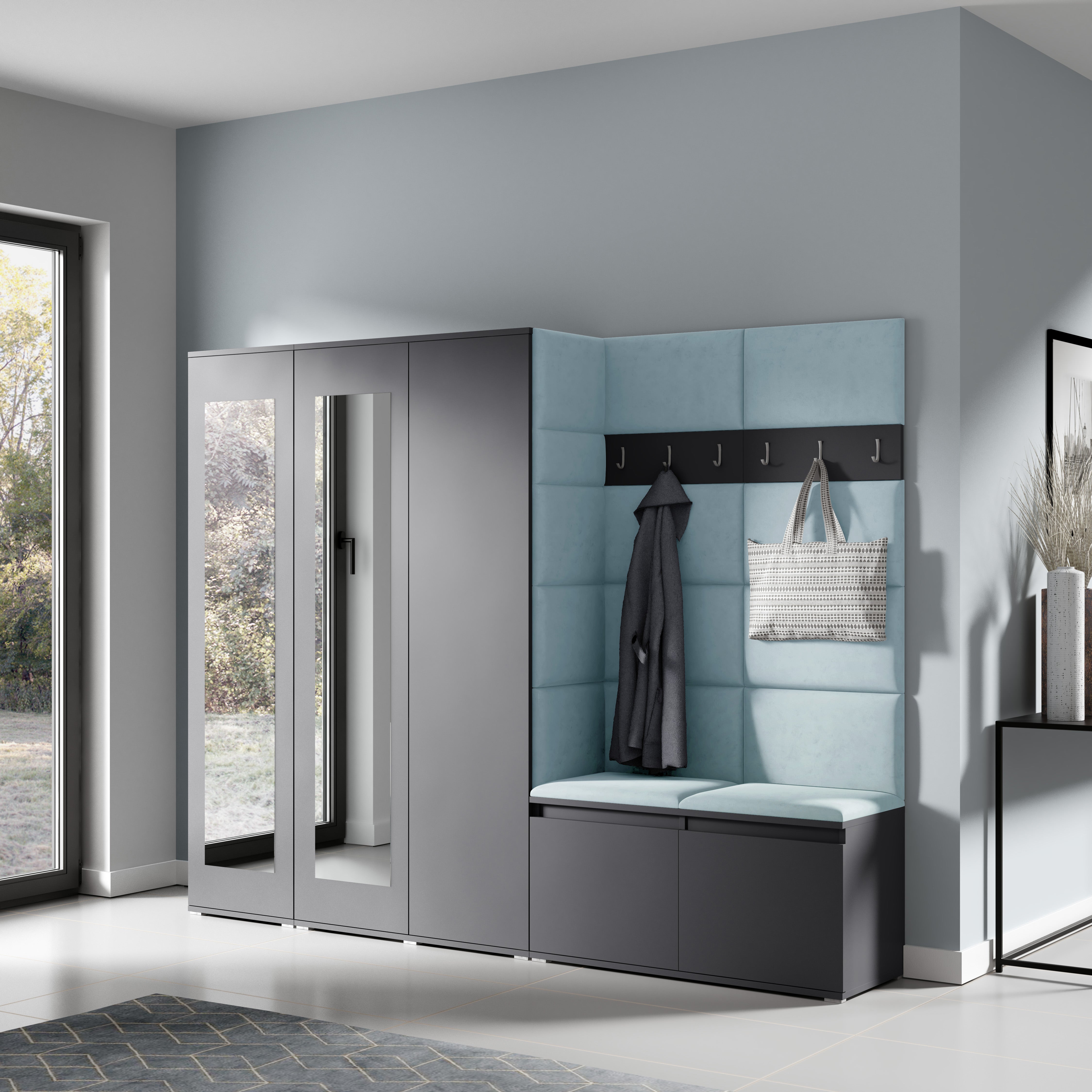 PK Emi 15 Hallway Wardrobe Graphite - Upholstered Panels in Various Colours
