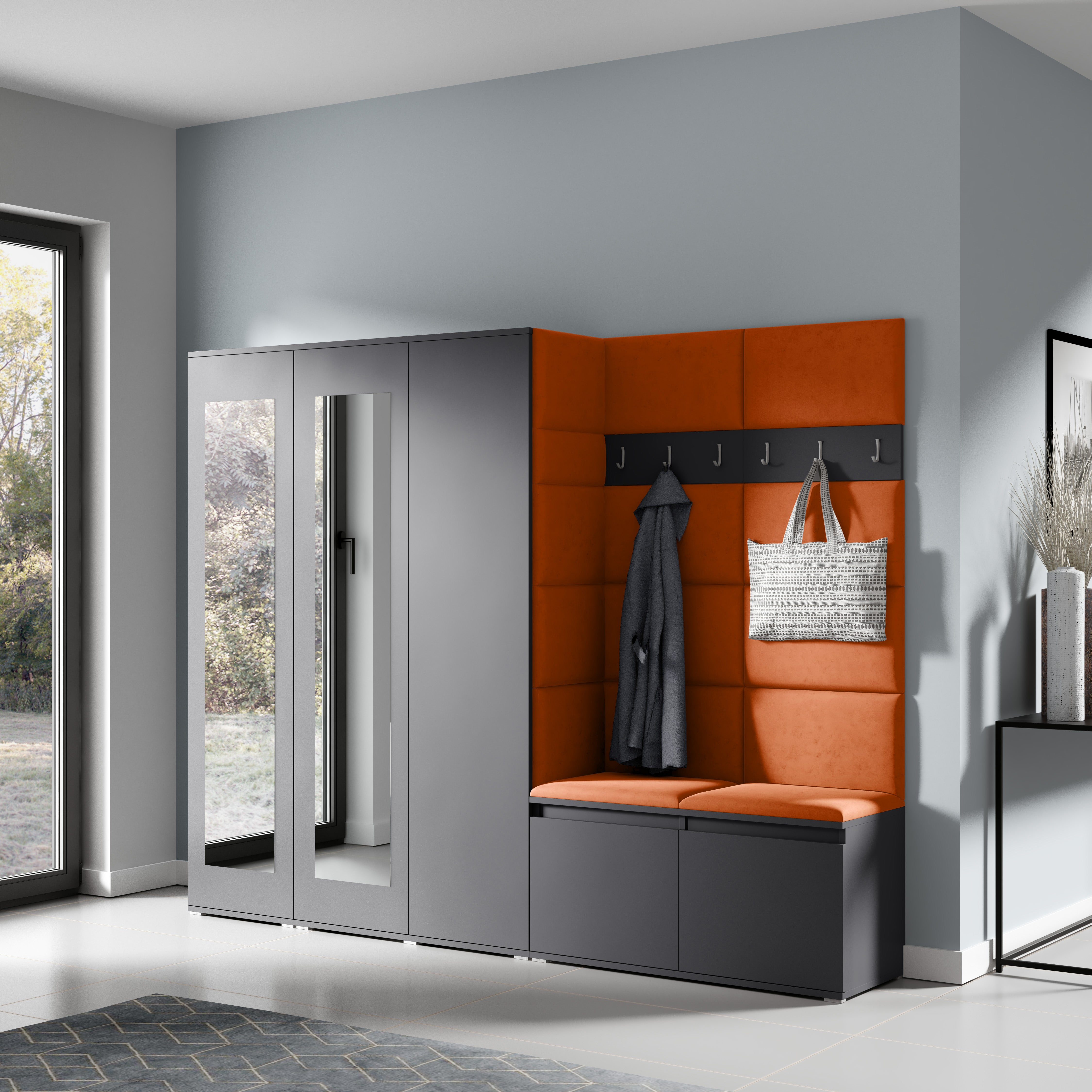 PK Emi 15 Hallway Wardrobe Graphite - Upholstered Panels in Various Colours