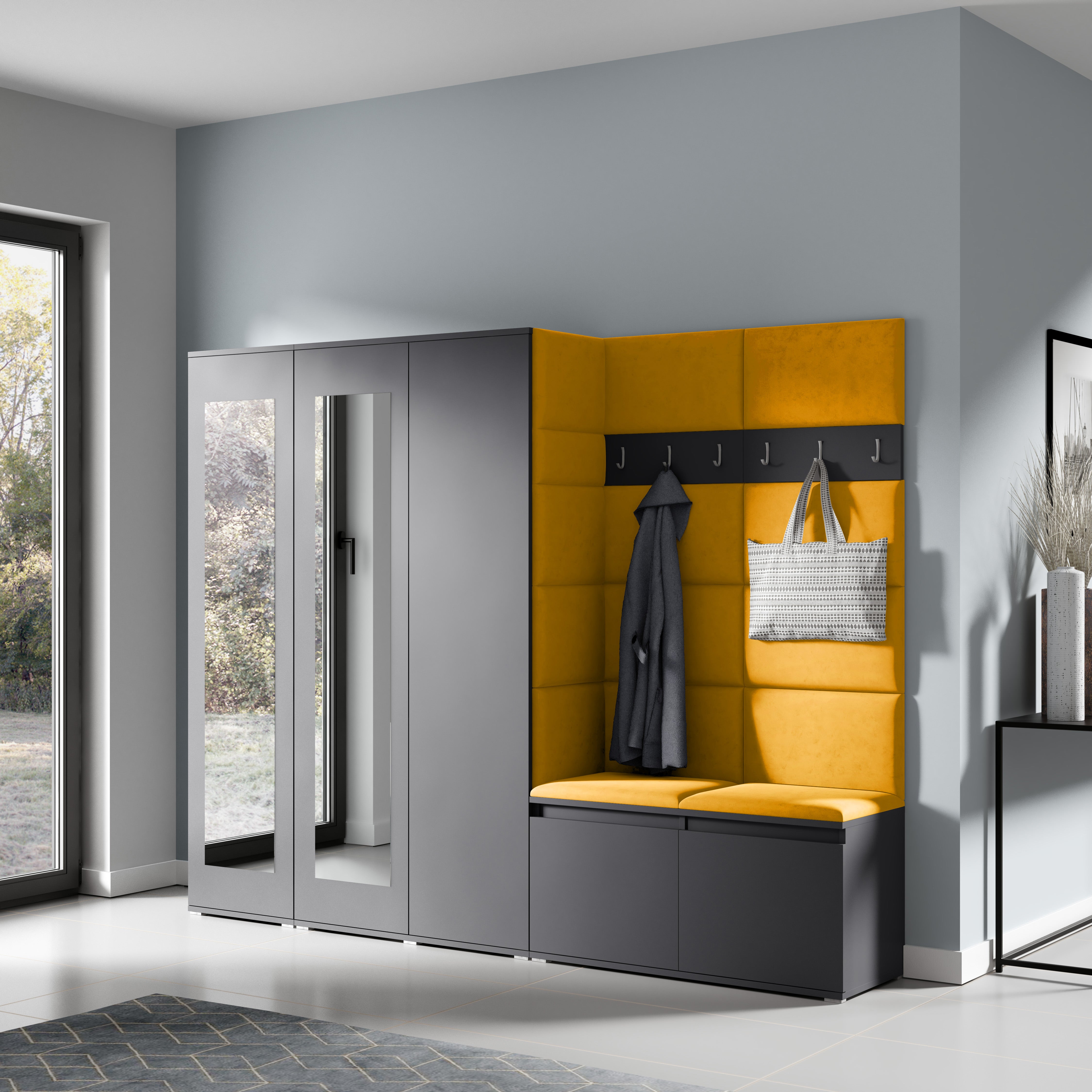 PK Emi 15 Hallway Wardrobe Graphite - Upholstered Panels in Various Colours