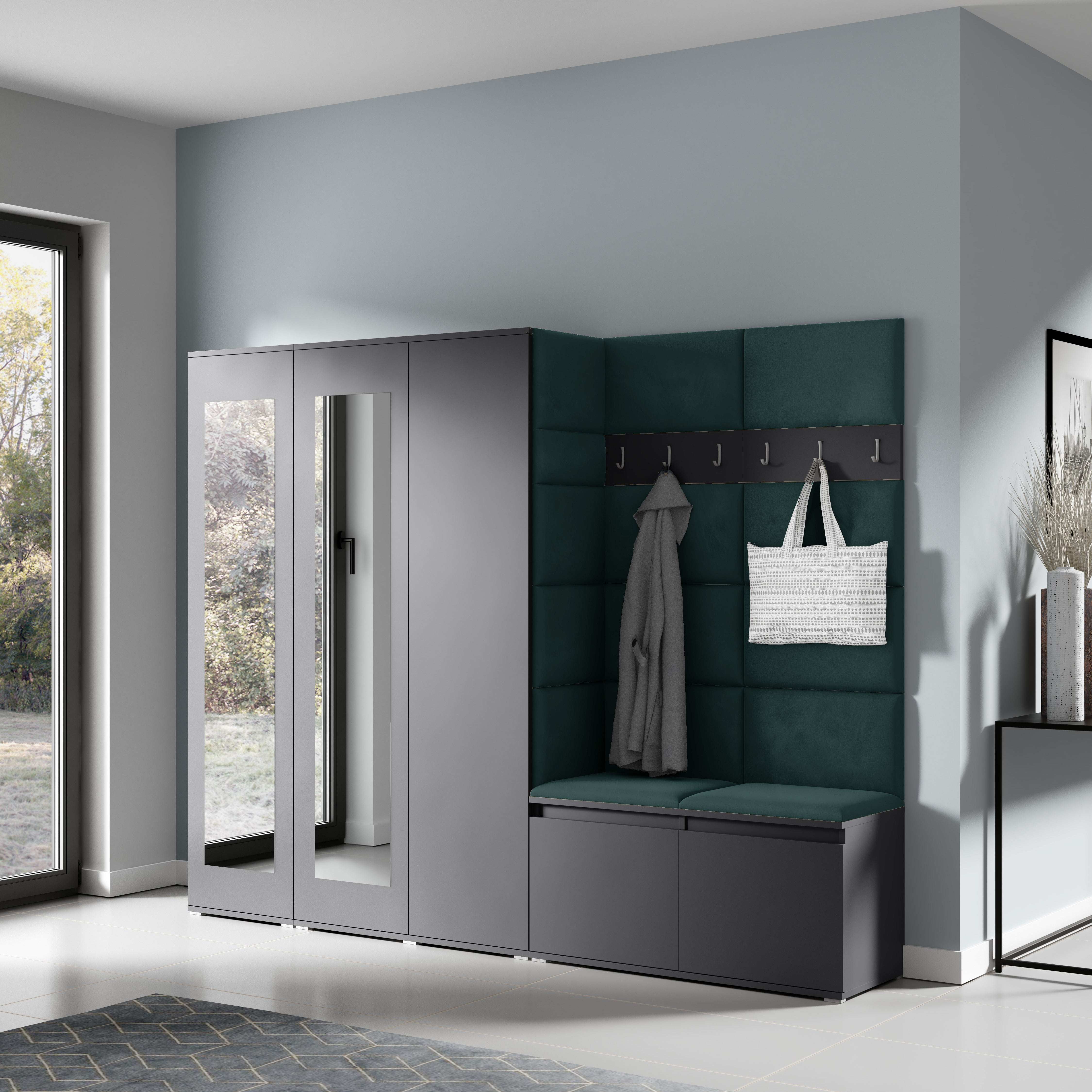 PK Emi 15 Hallway Wardrobe Graphite - Upholstered Panels in Various Colours