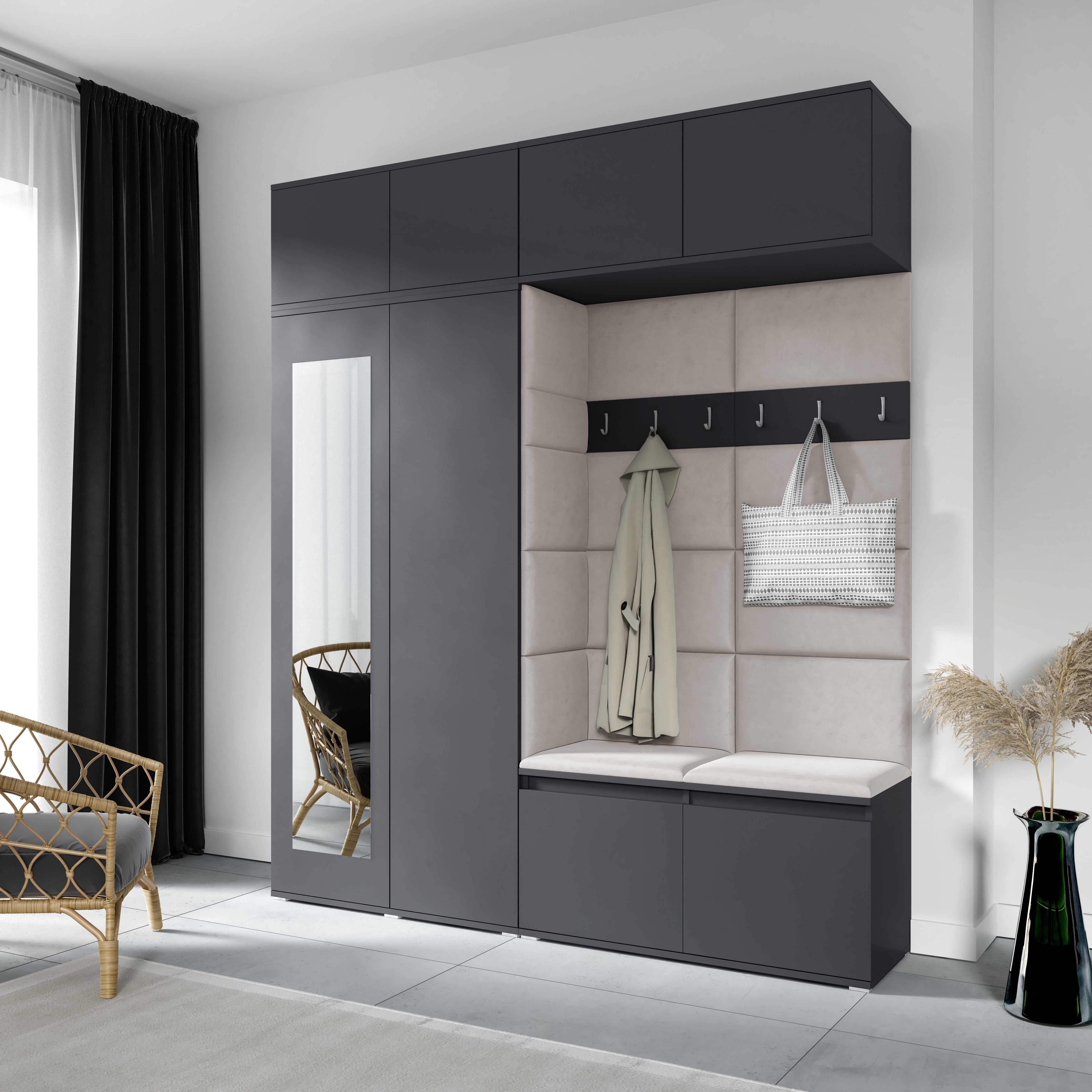 PK Emi 16 Hallway Wardrobe Graphite - Upholstered Panels in Various Colours