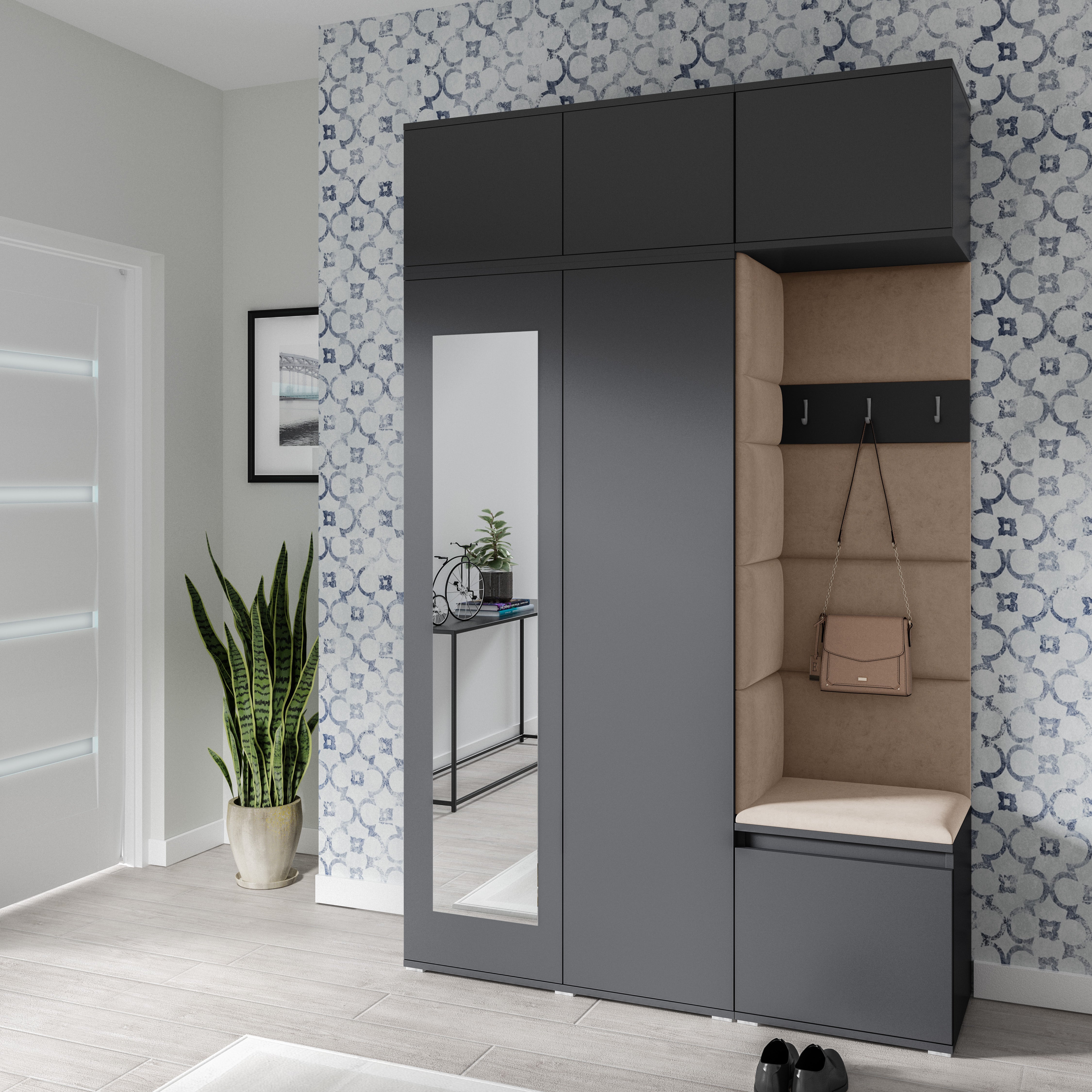 PK Emi 18 Hallway Wardrobe Graphite - Upholstered Panels in Various Colours