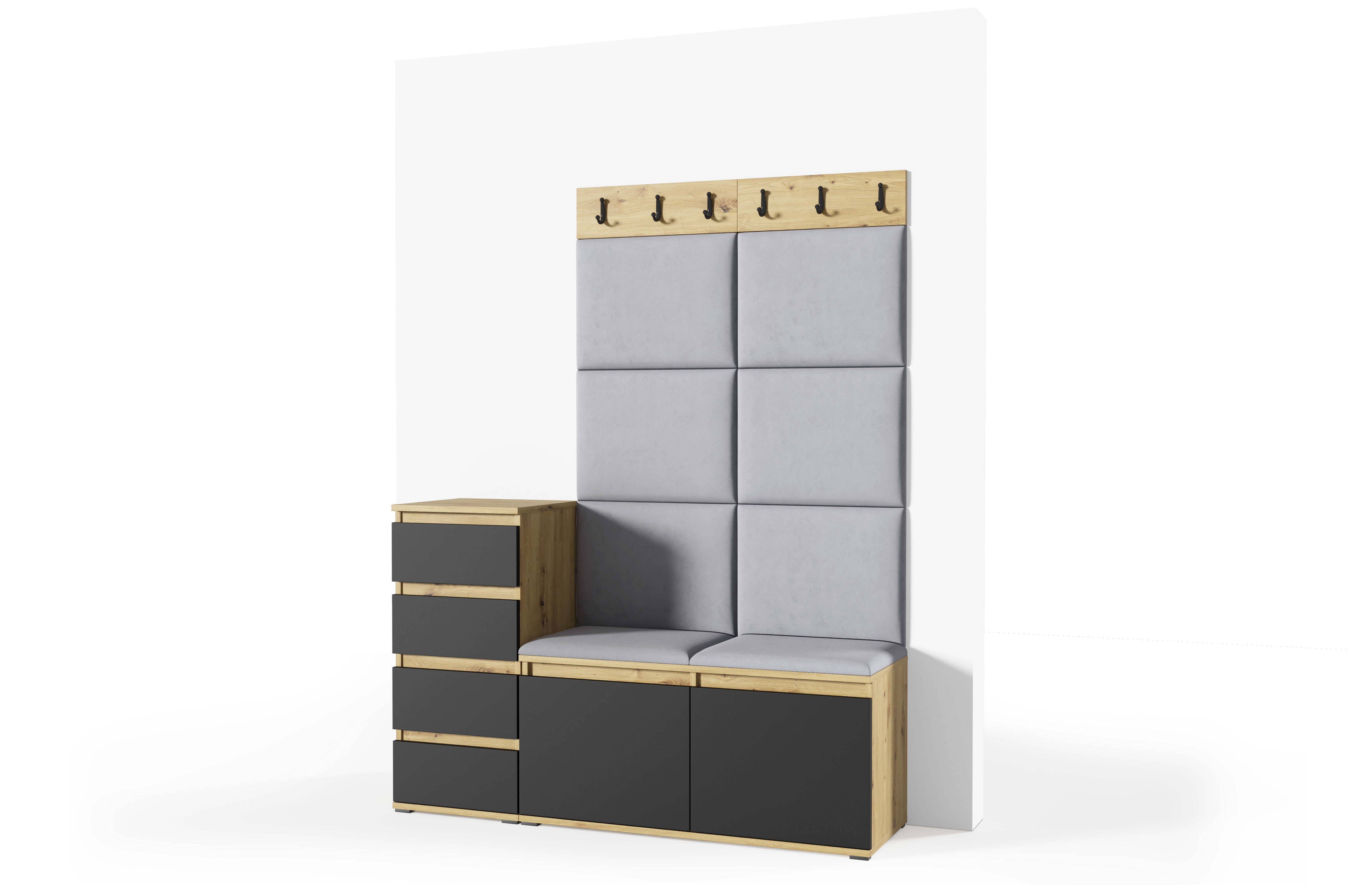 PK Emi 34 Hallway Wardrobe Aristan Oak\Black- Upholstered Panels in Various Colours