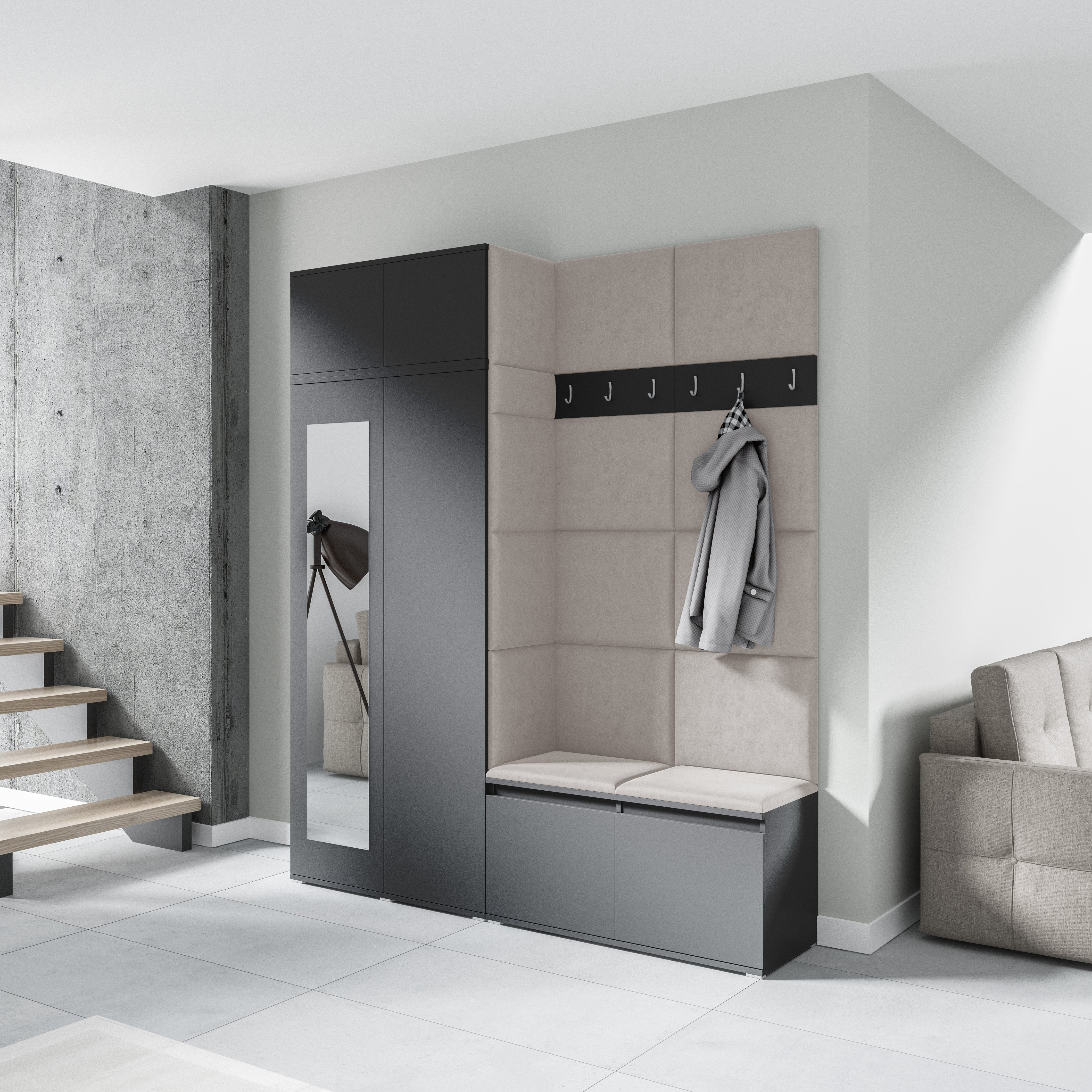 PK Emi 19 Flurschrank Graphit - Gepolsterte Paneele in verschiedenen Farben