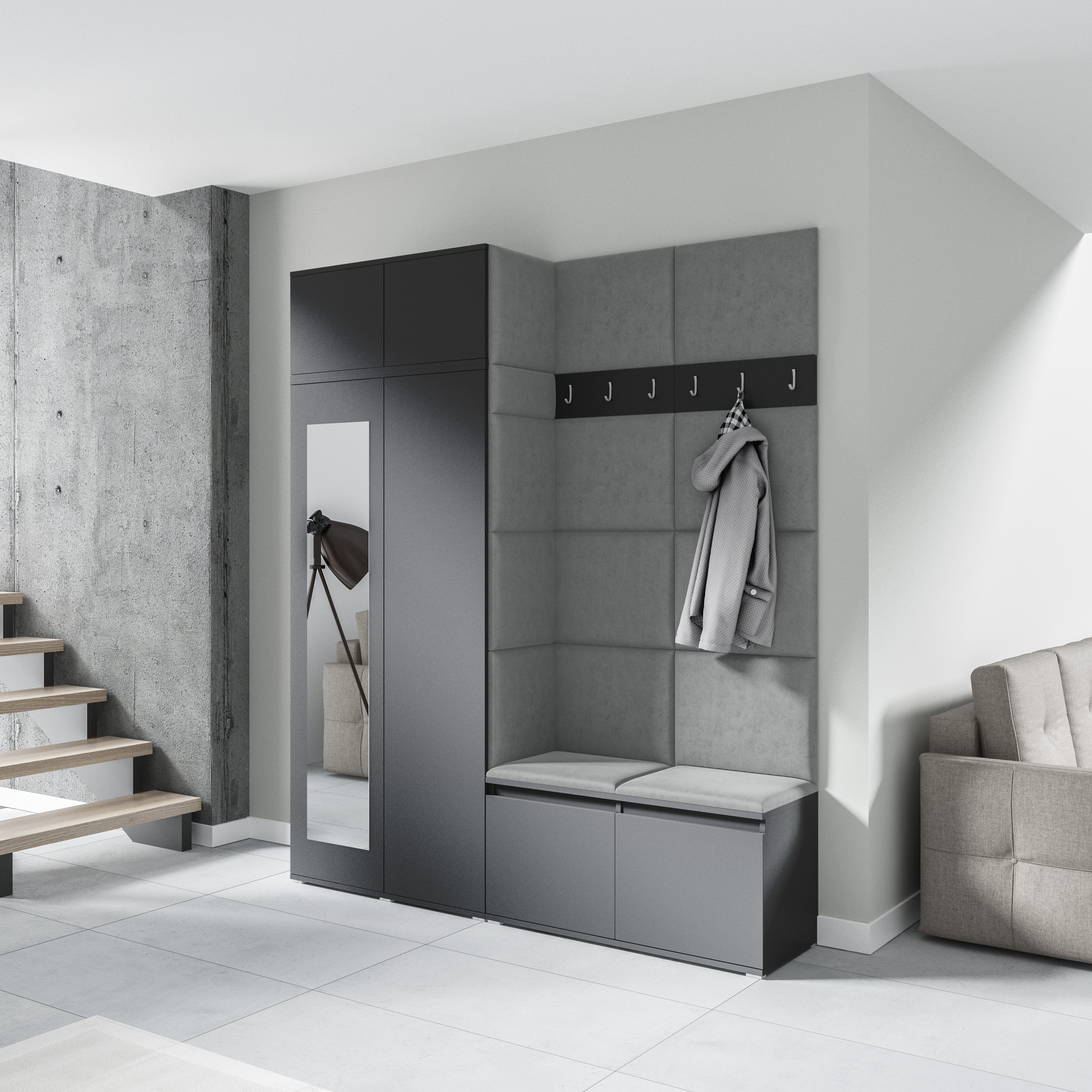 PK Emi 19 Flurschrank Graphit - Gepolsterte Paneele in verschiedenen Farben