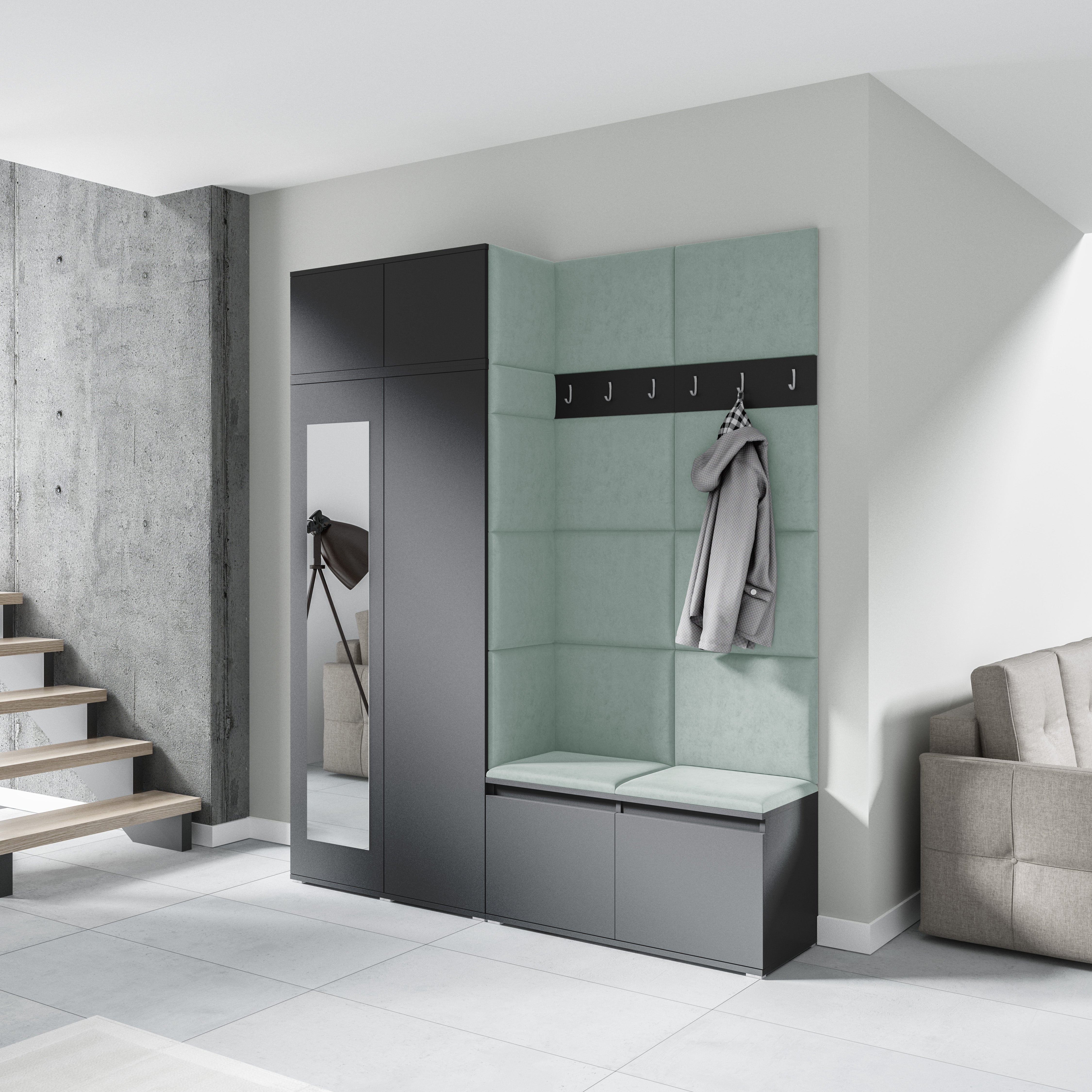 PK Emi 19 Flurschrank Graphit - Gepolsterte Paneele in verschiedenen Farben