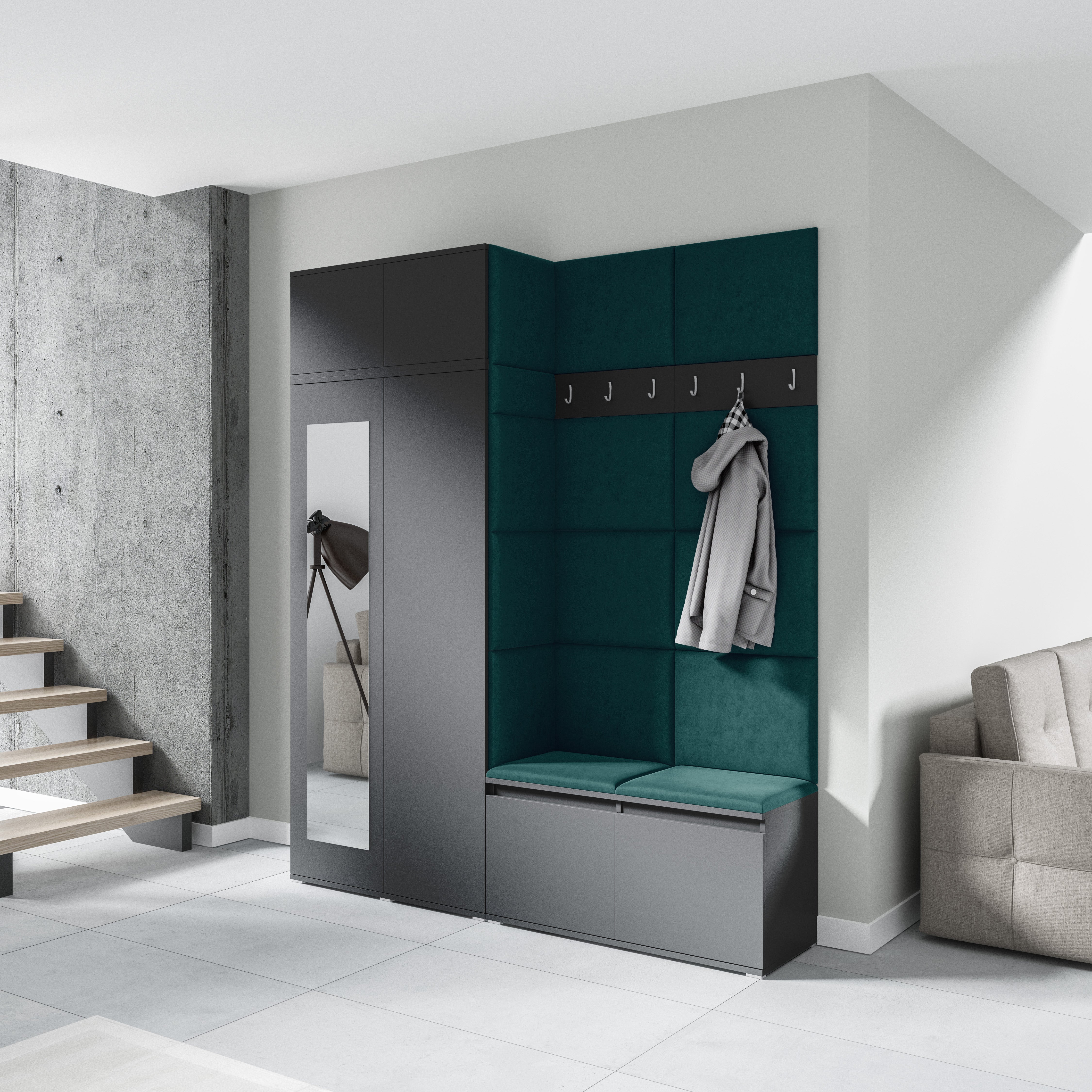 PK Emi 19 Flurschrank Graphit - Gepolsterte Paneele in verschiedenen Farben