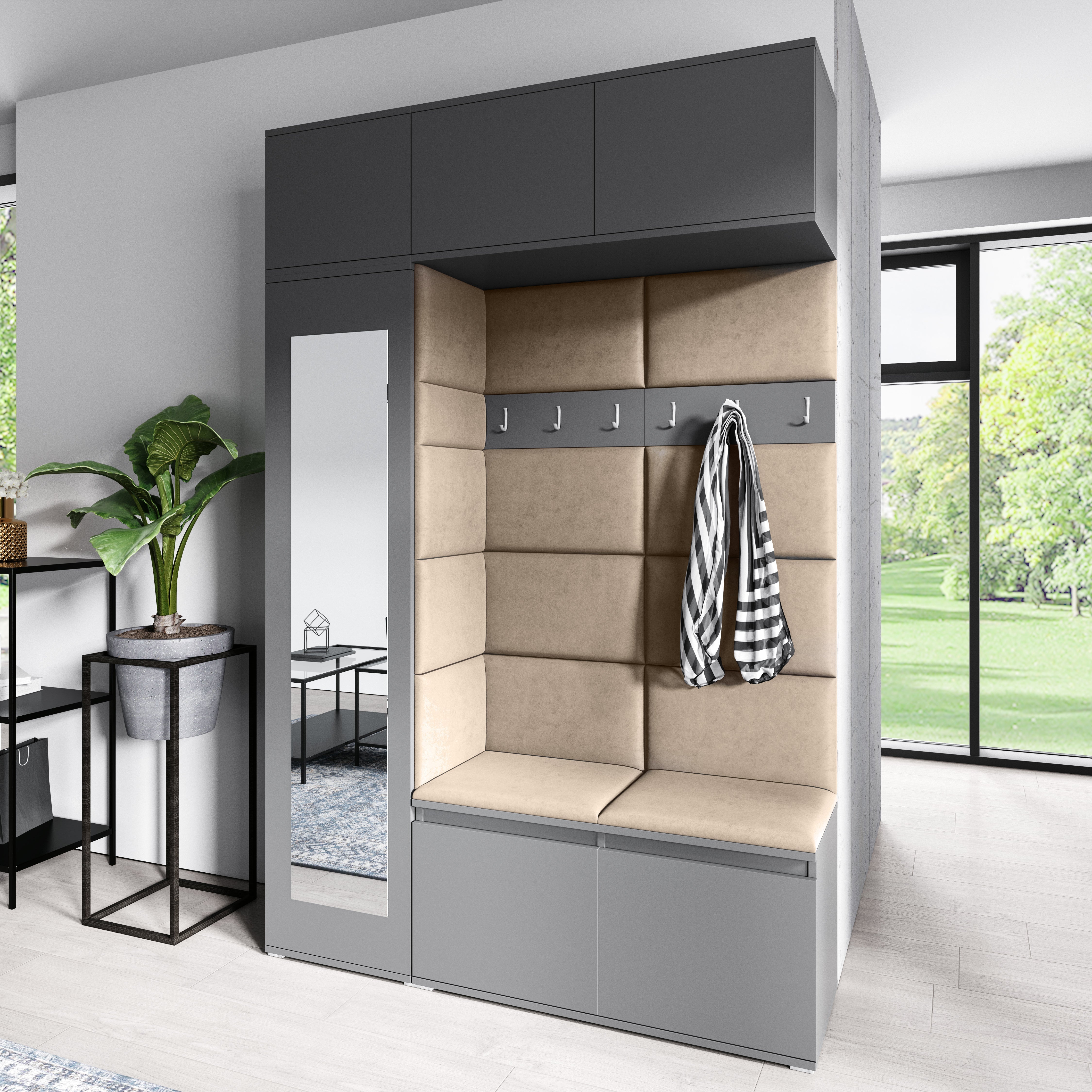 PK Emi 21 Hallway Wardrobe Graphite - Upholstered Panels in Various Colours