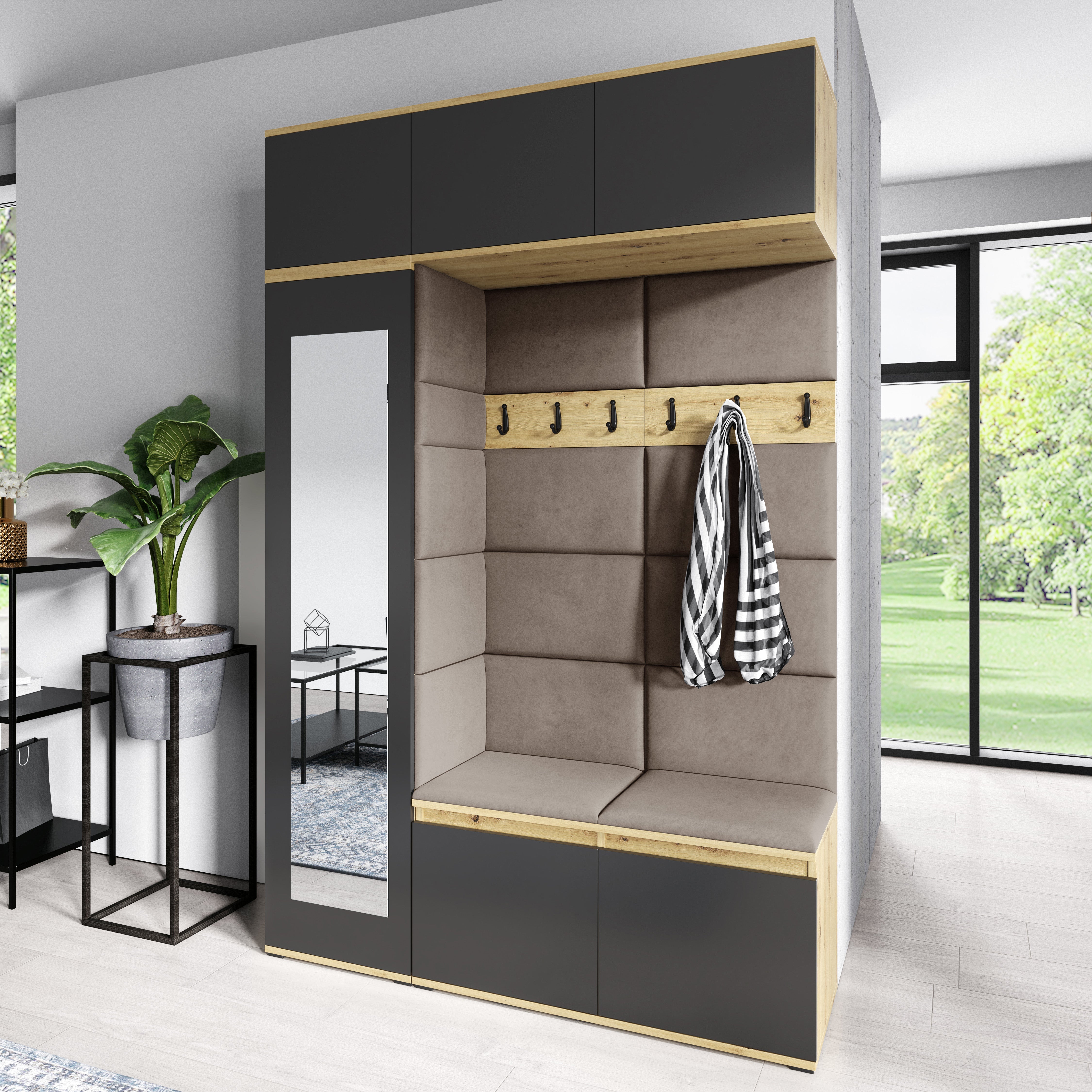 PK Emi 21 Hallway Wardrobe Artisan Oak / Black - Upholstered Panels in Various Colours