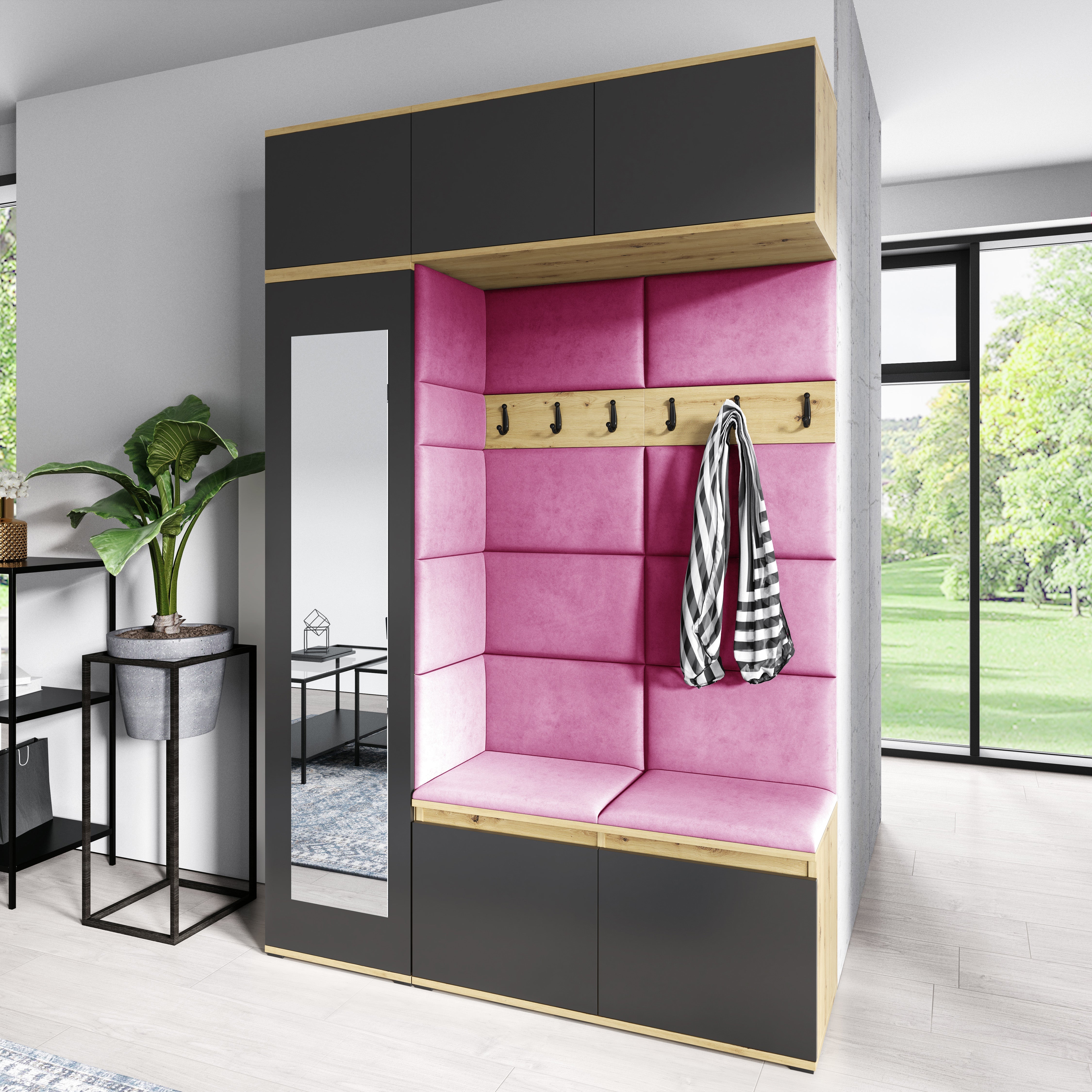 PK Emi 21 Hallway Wardrobe Artisan Oak / Black - Upholstered Panels in Various Colours