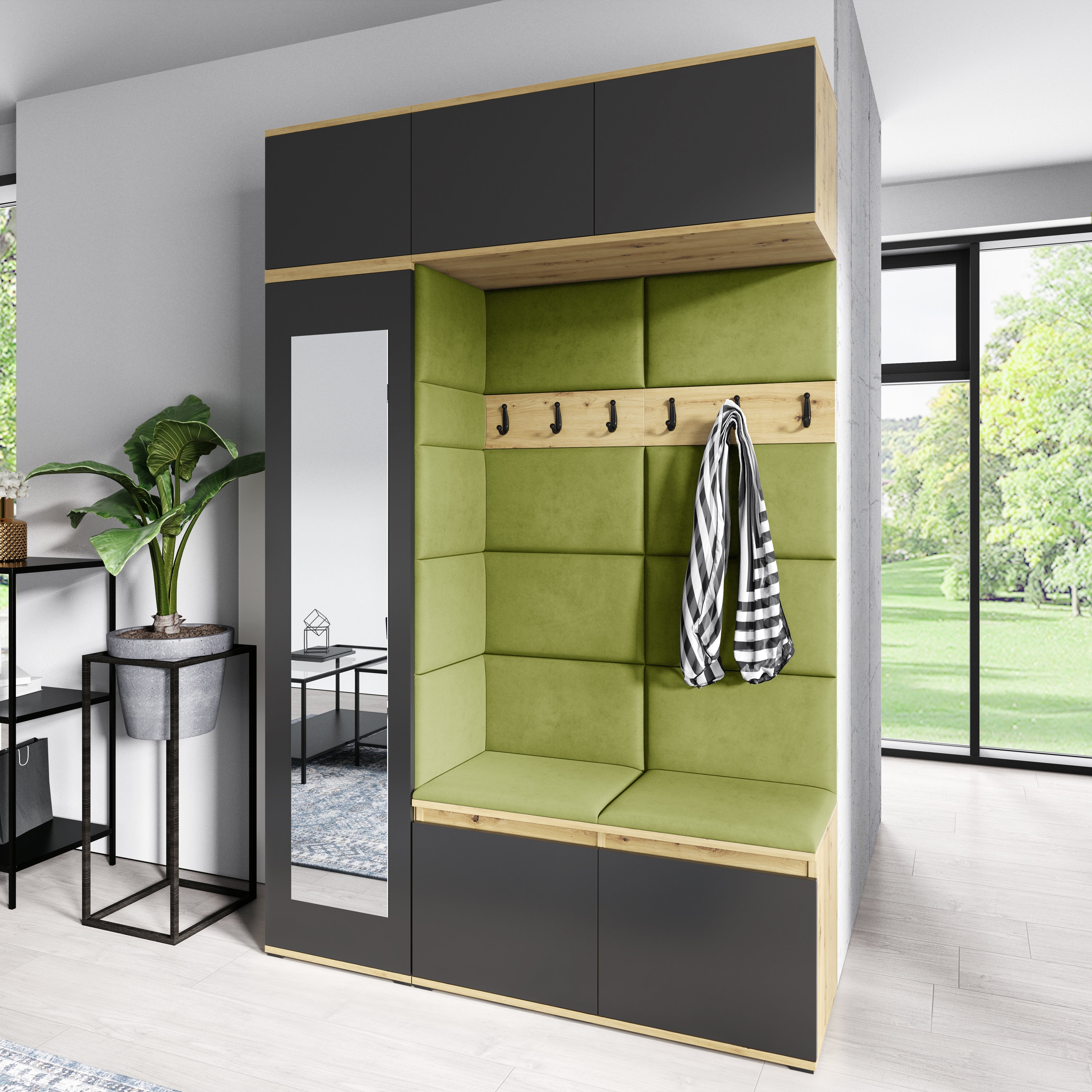 PK Emi 21 Hallway Wardrobe Artisan Oak / Black - Upholstered Panels in Various Colours
