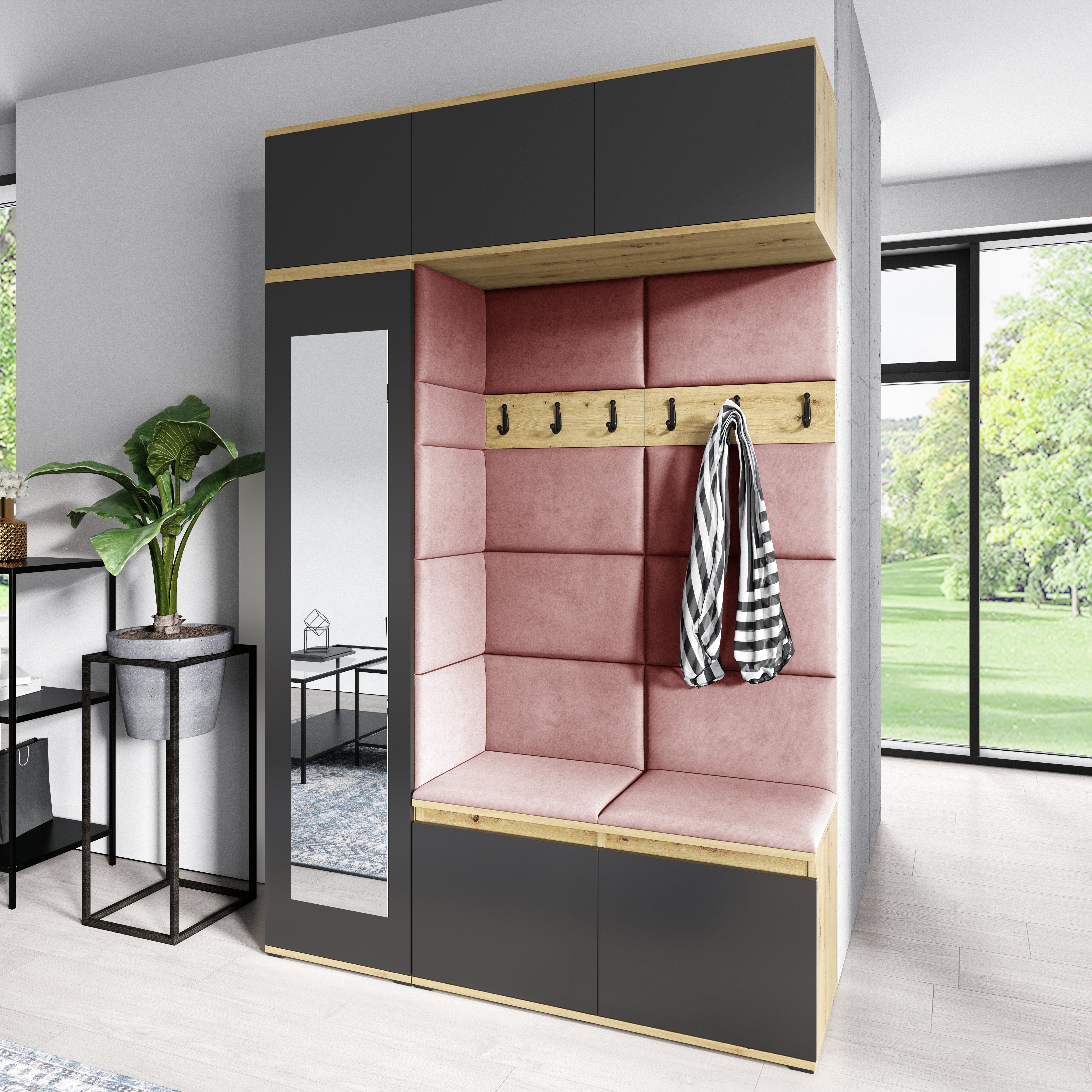 PK Emi 21 Hallway Wardrobe Artisan Oak / Black - Upholstered Panels in Various Colours