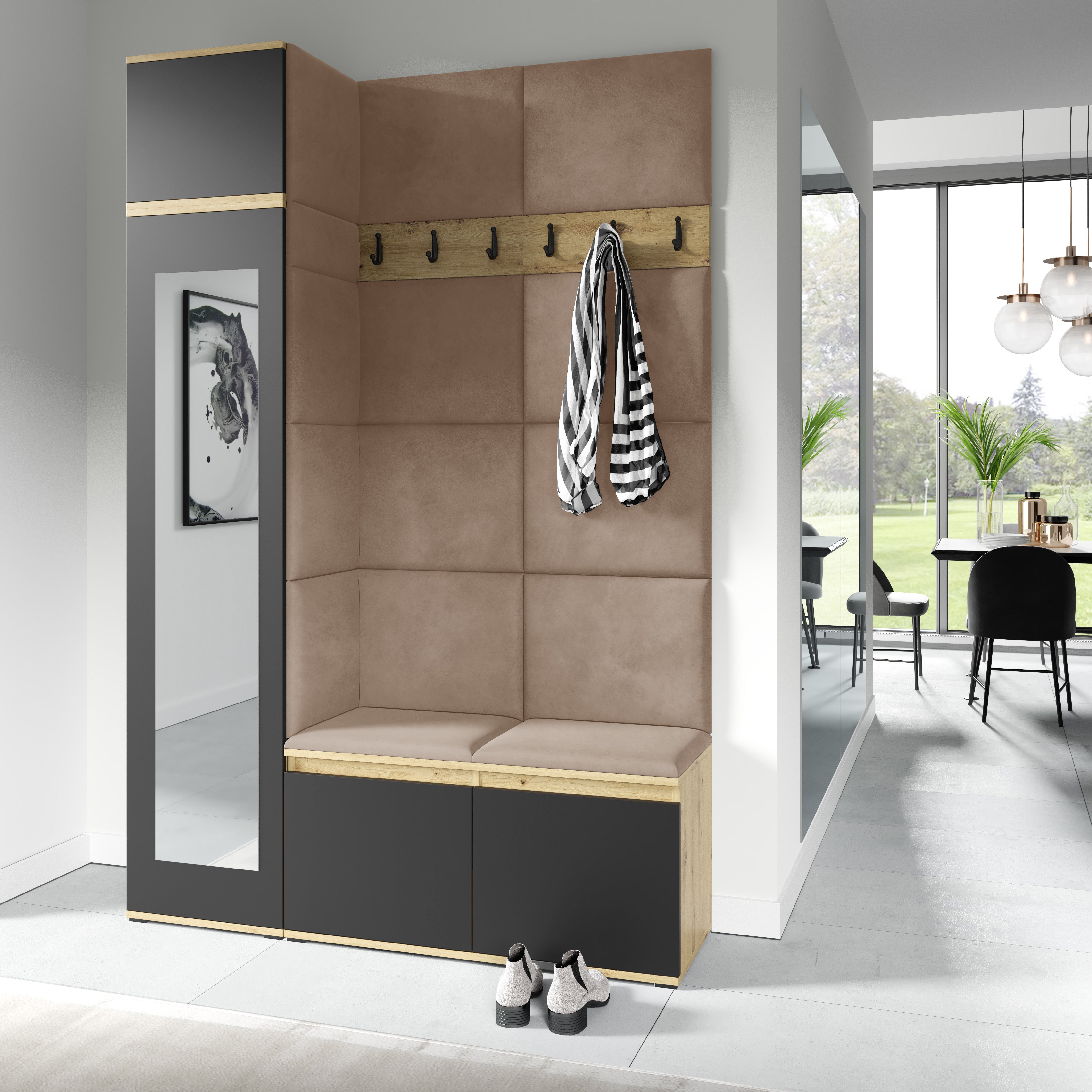 PK Emi 22 Hallway Wardrobe Artisan Oak / Black- Upholstered Panels in Various Colours