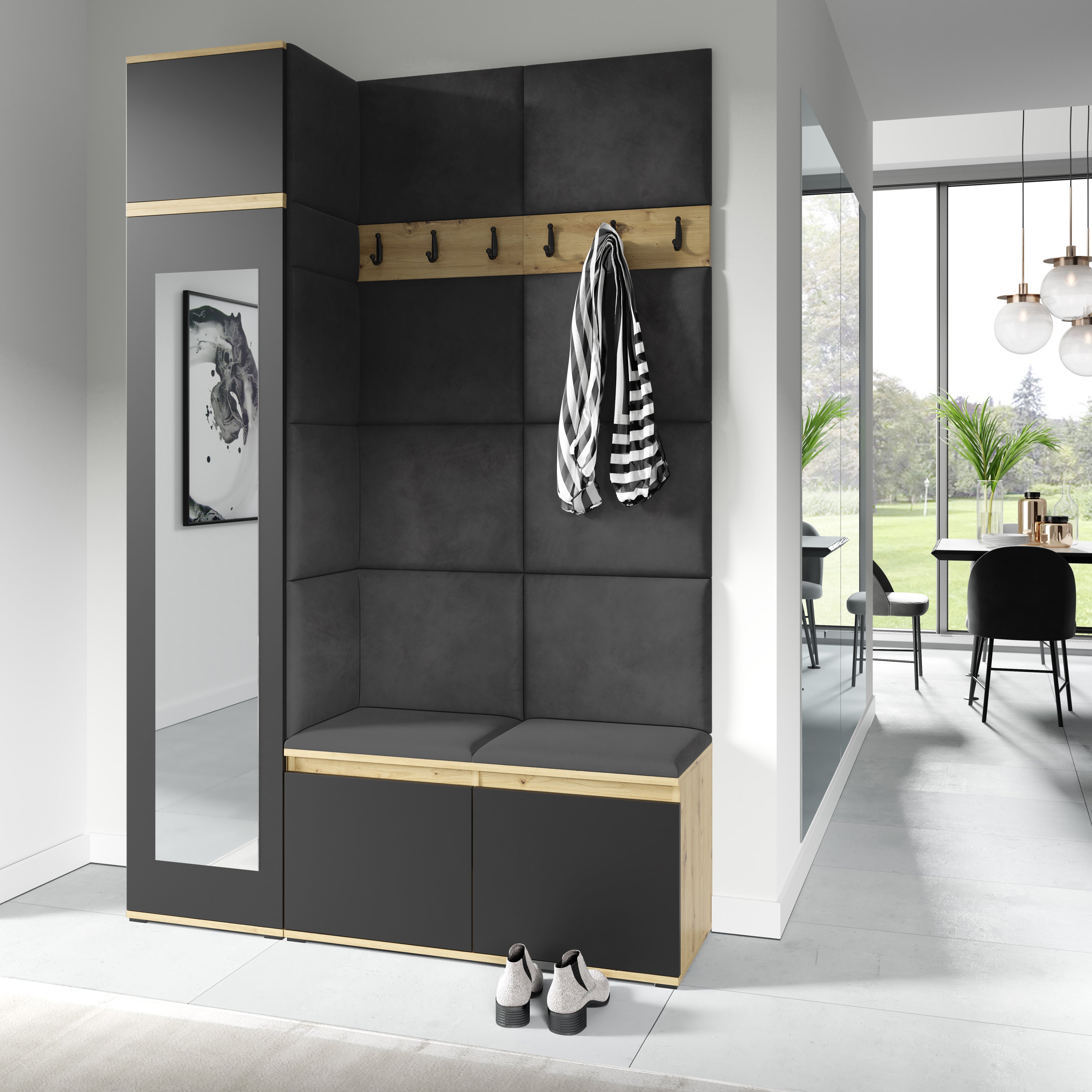 PK Emi 22 Hallway Wardrobe Artisan Oak / Black- Upholstered Panels in Various Colours