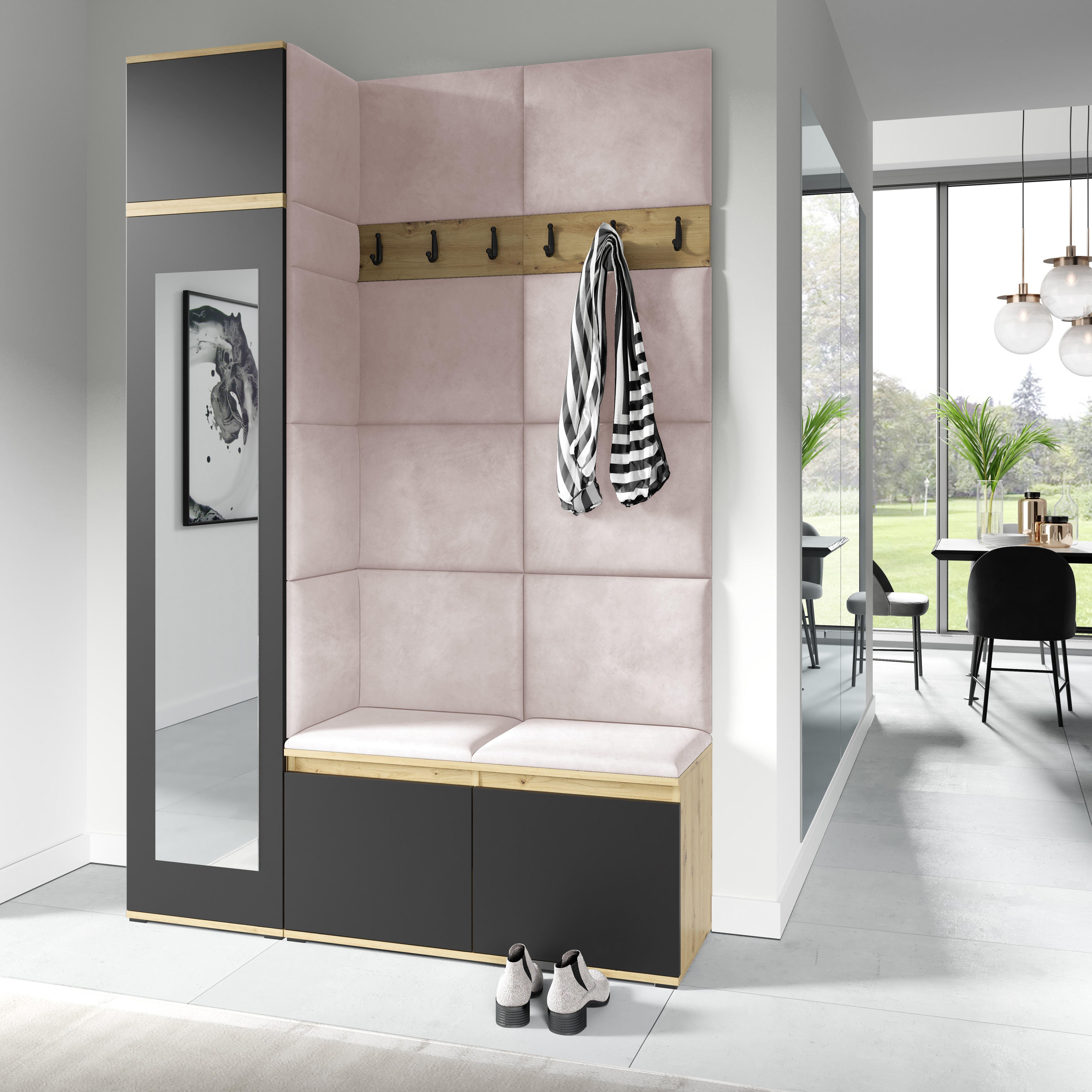 PK Emi 22 Hallway Wardrobe Artisan Oak / Black- Upholstered Panels in Various Colours