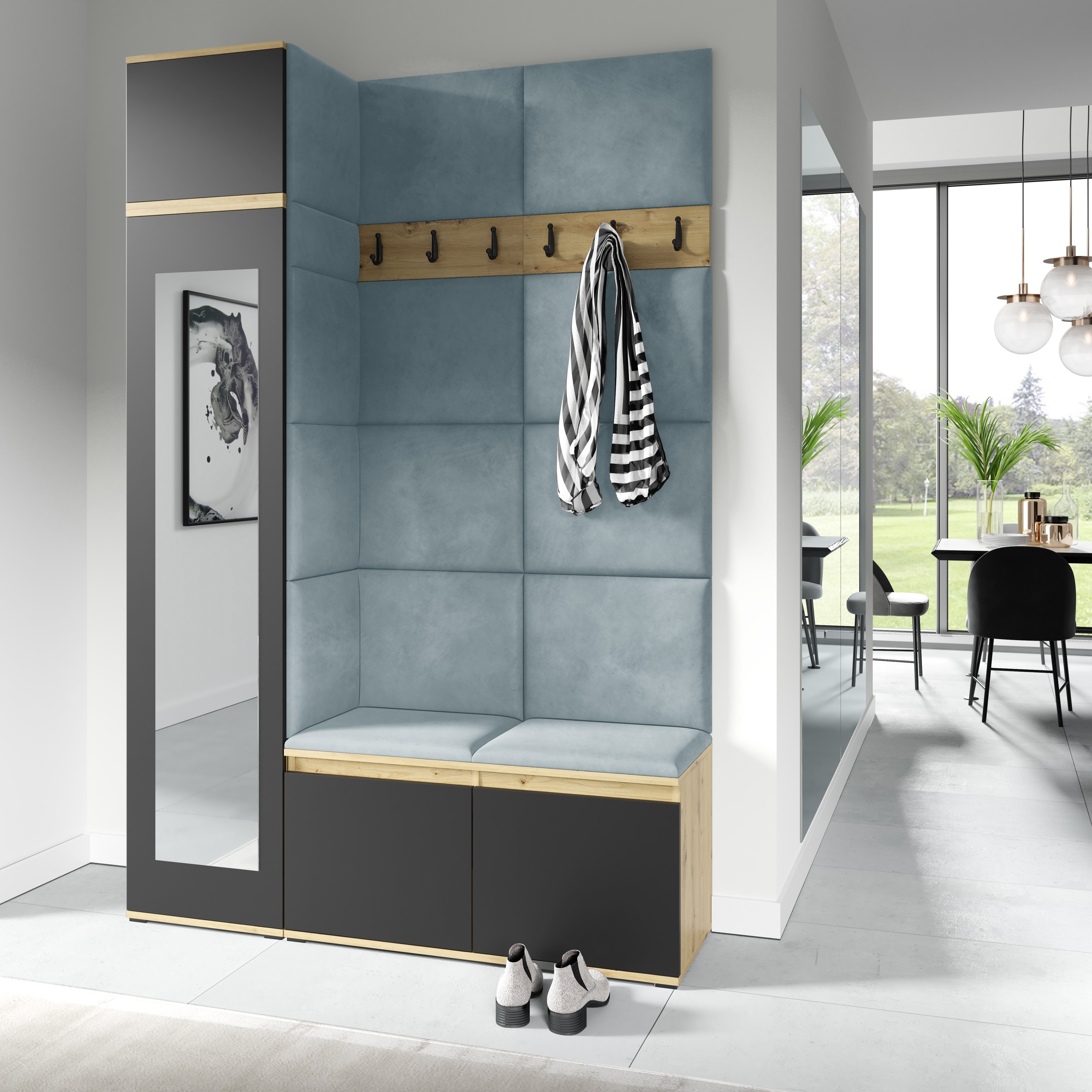 PK Emi 22 Hallway Wardrobe Artisan Oak / Black- Upholstered Panels in Various Colours