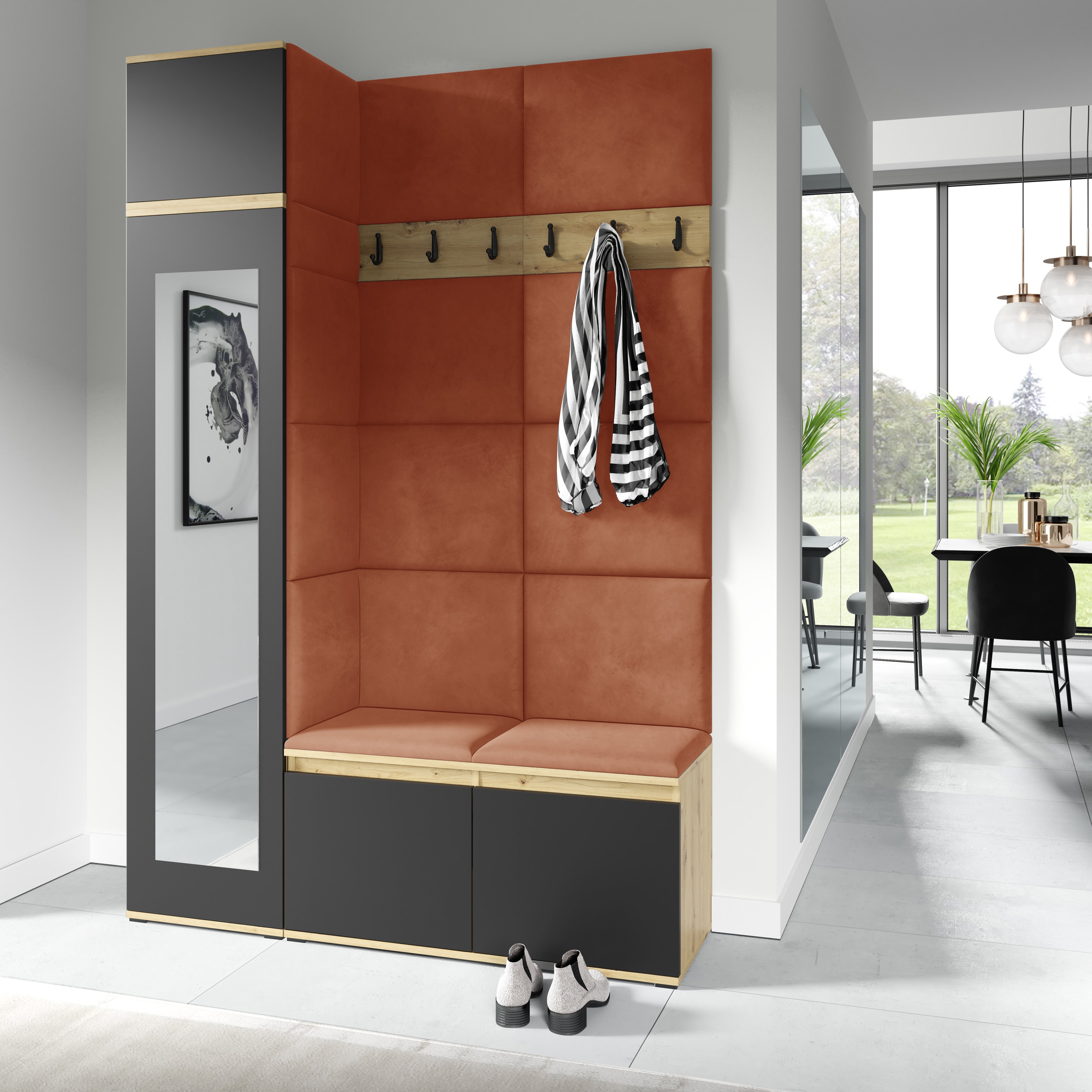PK Emi 22 Hallway Wardrobe Artisan Oak / Black- Upholstered Panels in Various Colours