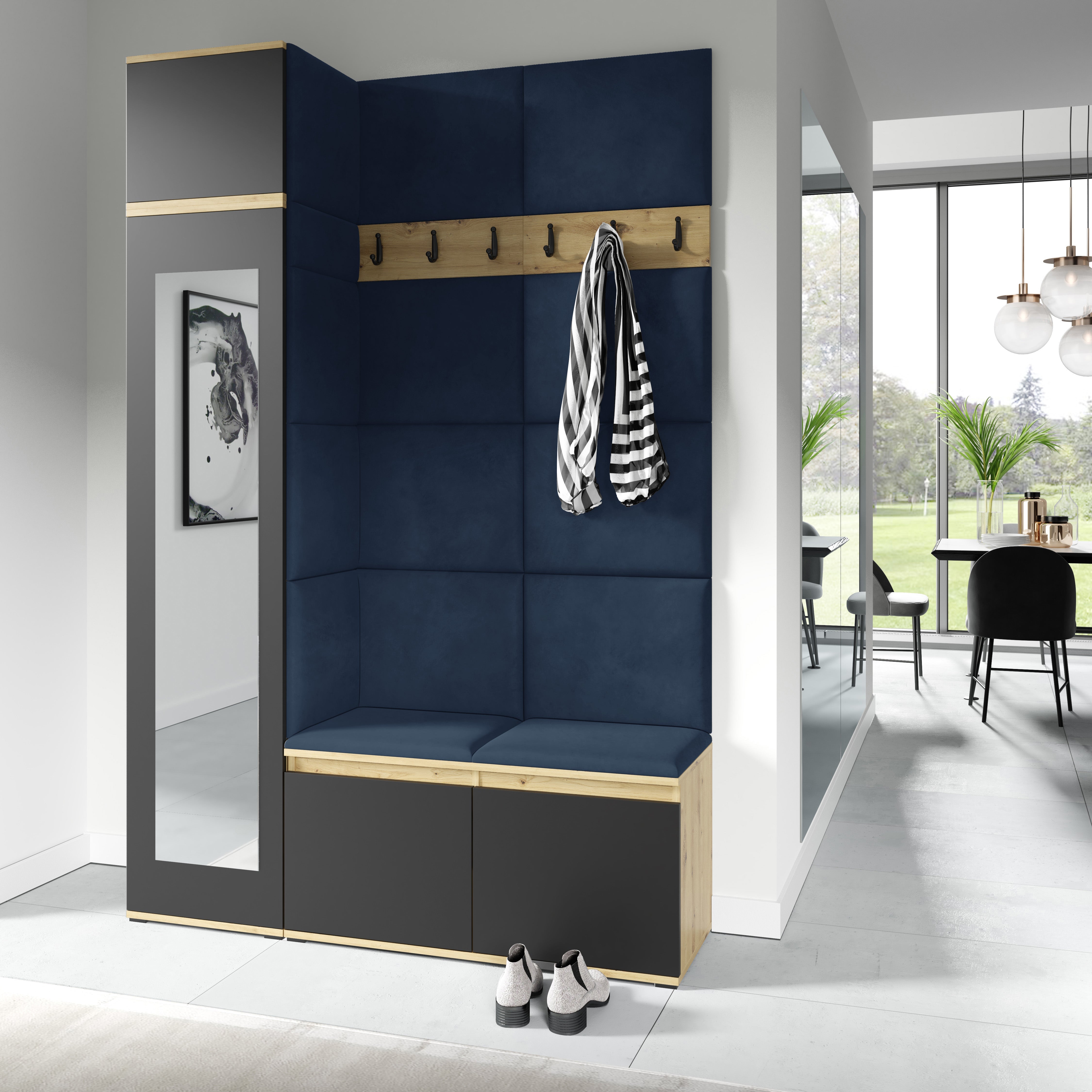 PK Emi 22 Hallway Wardrobe Artisan Oak / Black- Upholstered Panels in Various Colours