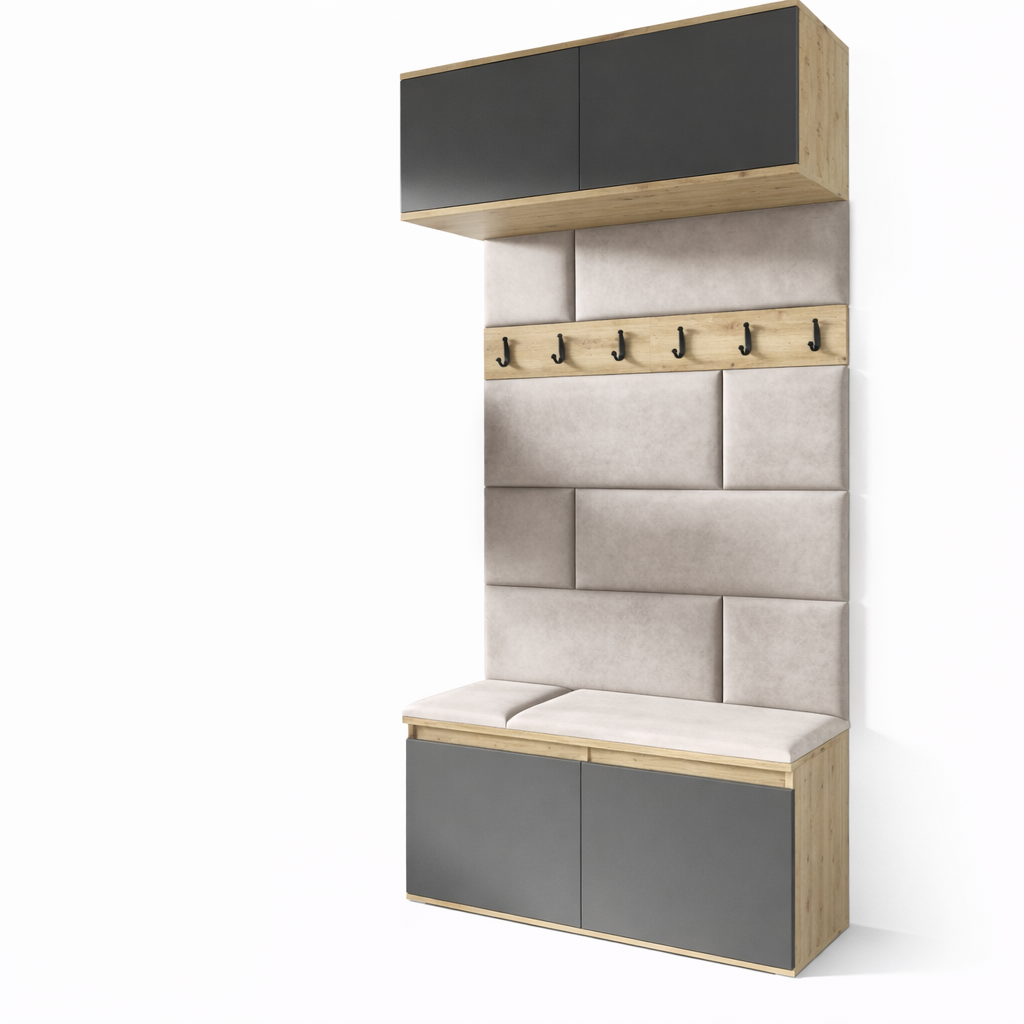 PK Emi 23 Hallway Wardrobe Artisan Oak / Black- Upholstered Panels in Various Colours