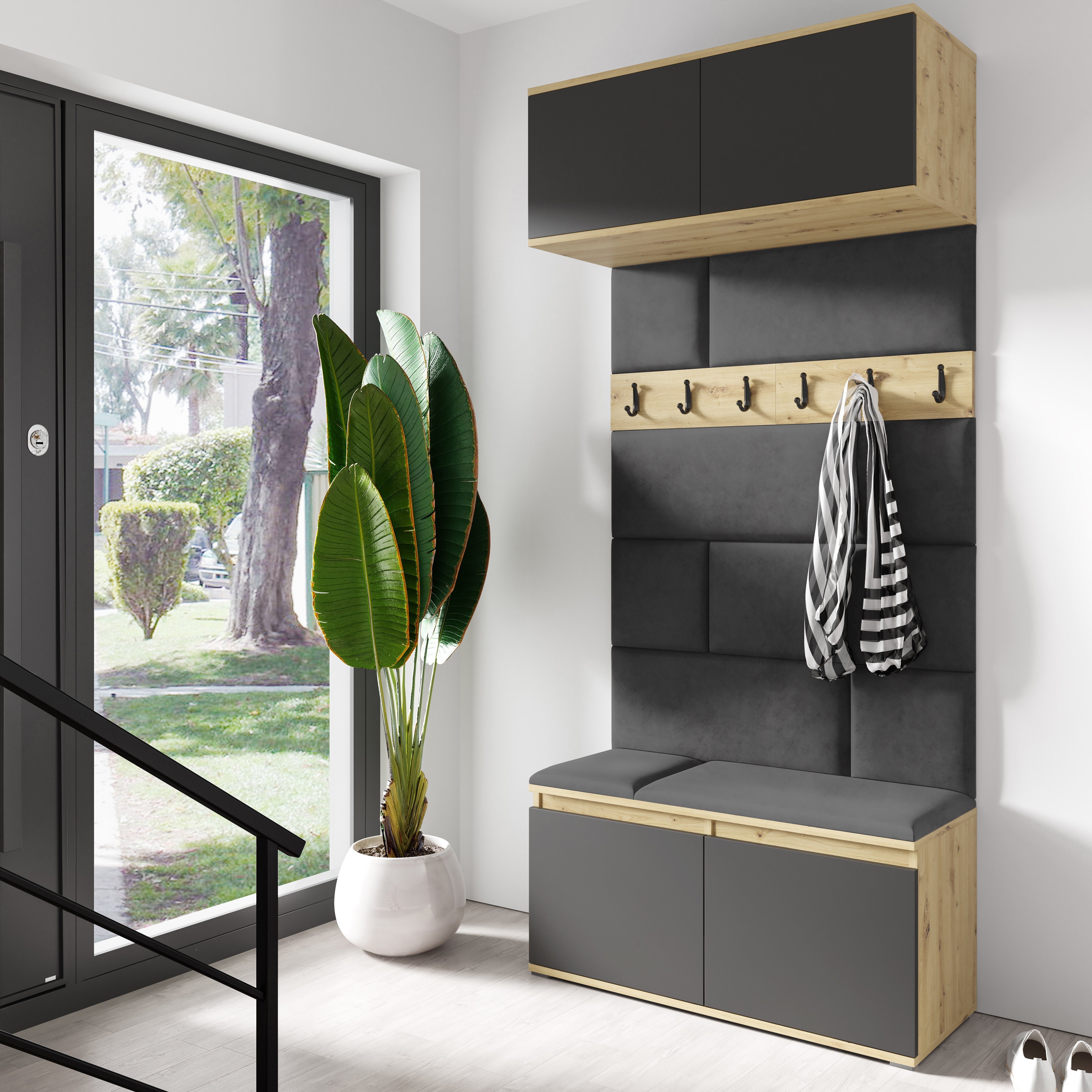 PK Emi 23 Hallway Wardrobe Artisan Oak / Black- Upholstered Panels in Various Colours