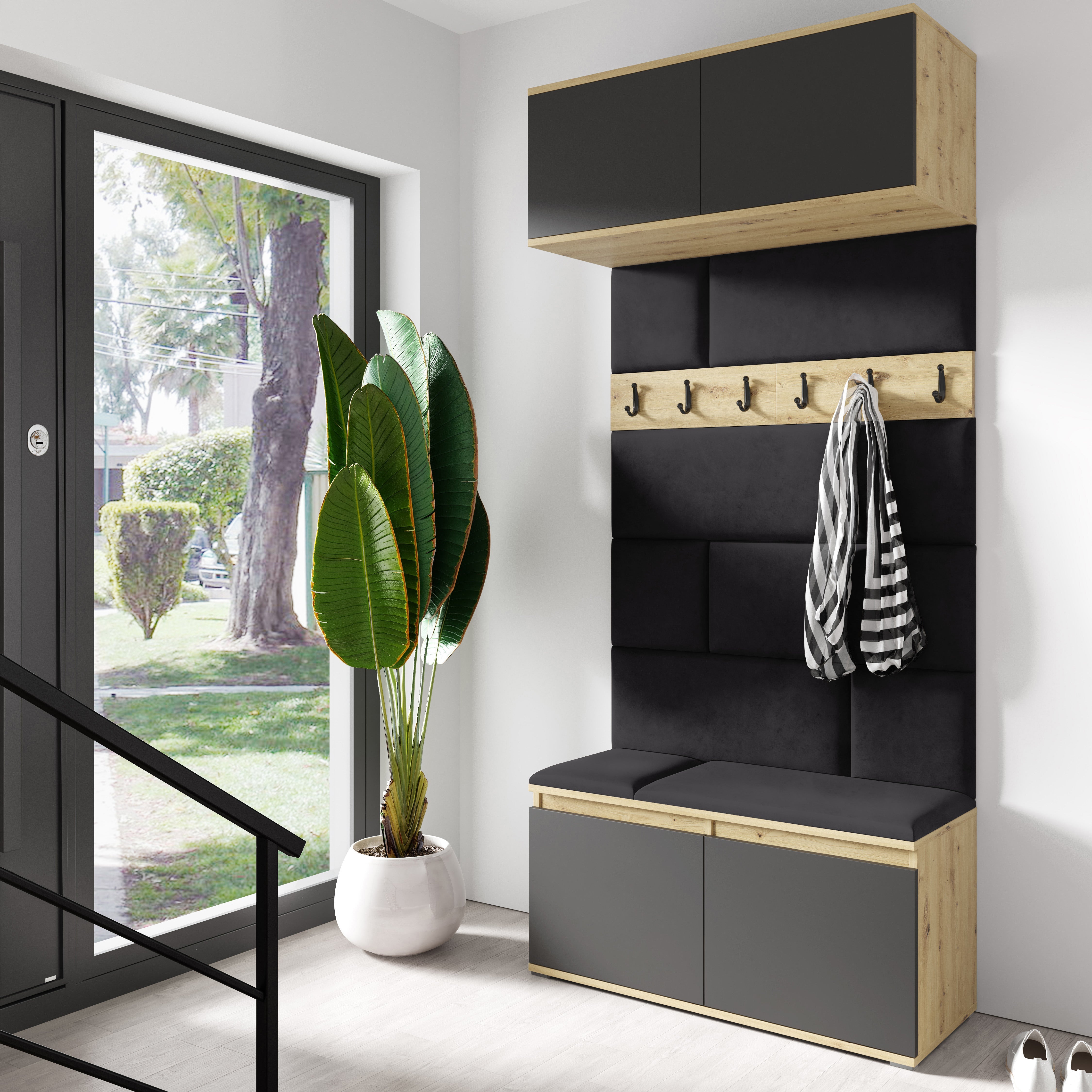 PK Emi 23 Hallway Wardrobe Artisan Oak / Black- Upholstered Panels in Various Colours