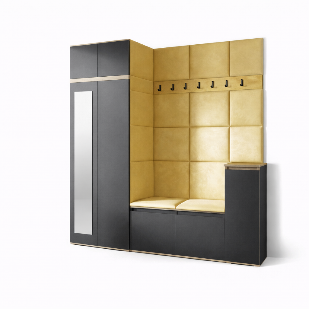 PK Emi 26 Hallway Wardrobe Aristan Oak/Black - Upholstered Panels in Various Colours