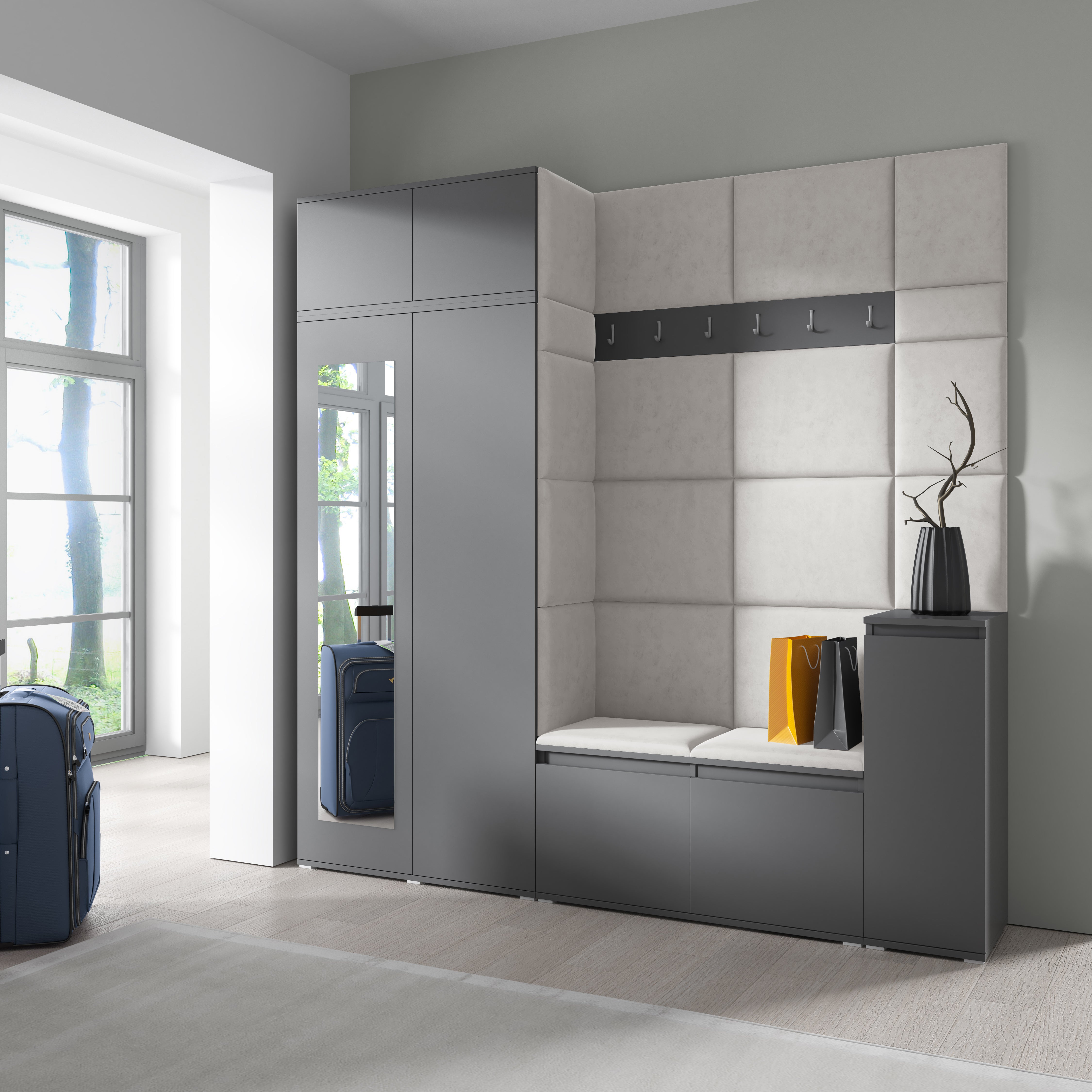 PK Emi 26 Hallway Wardrobe Graphite - Upholstered Panels in Various Colours