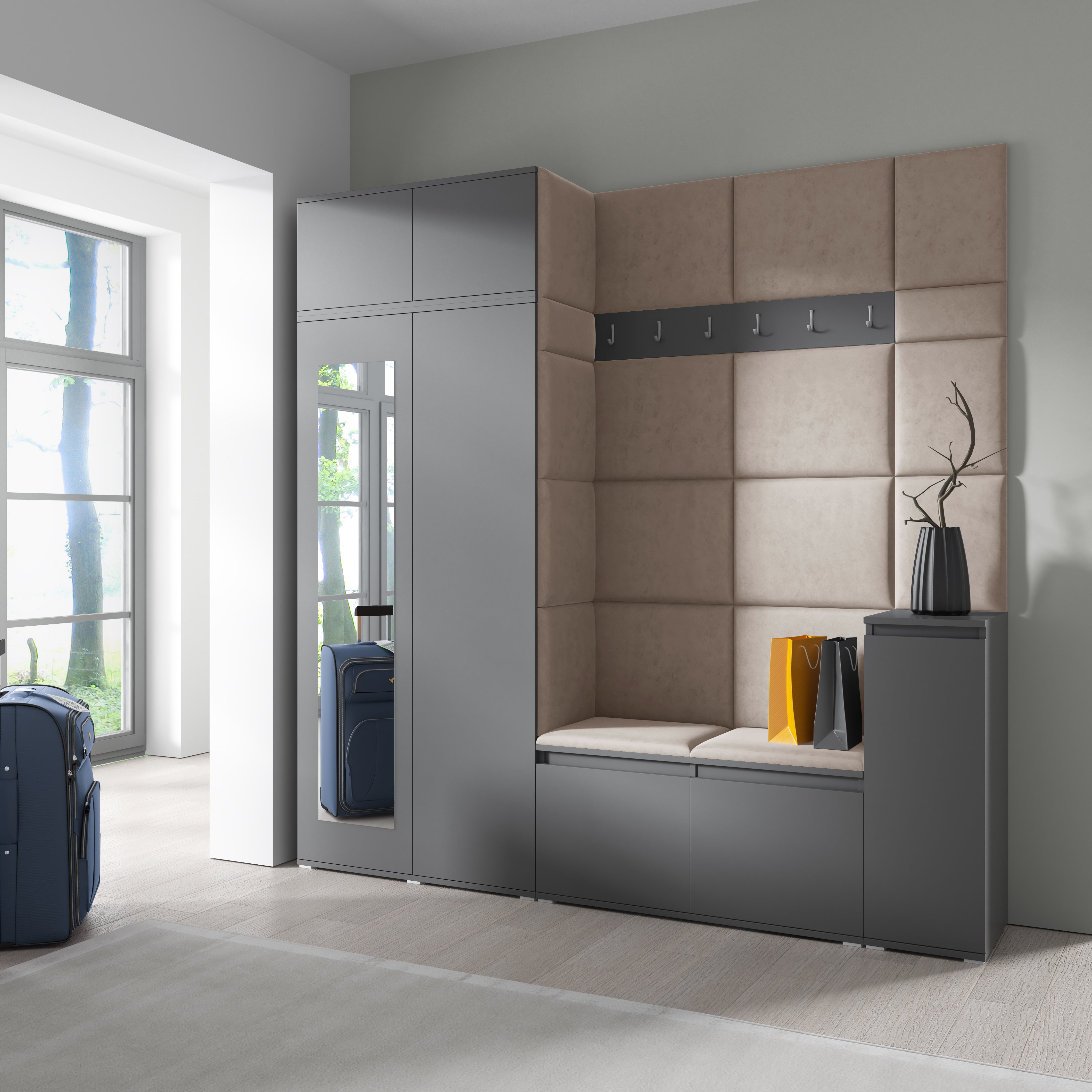 PK Emi 26 Hallway Wardrobe Graphite - Upholstered Panels in Various Colours