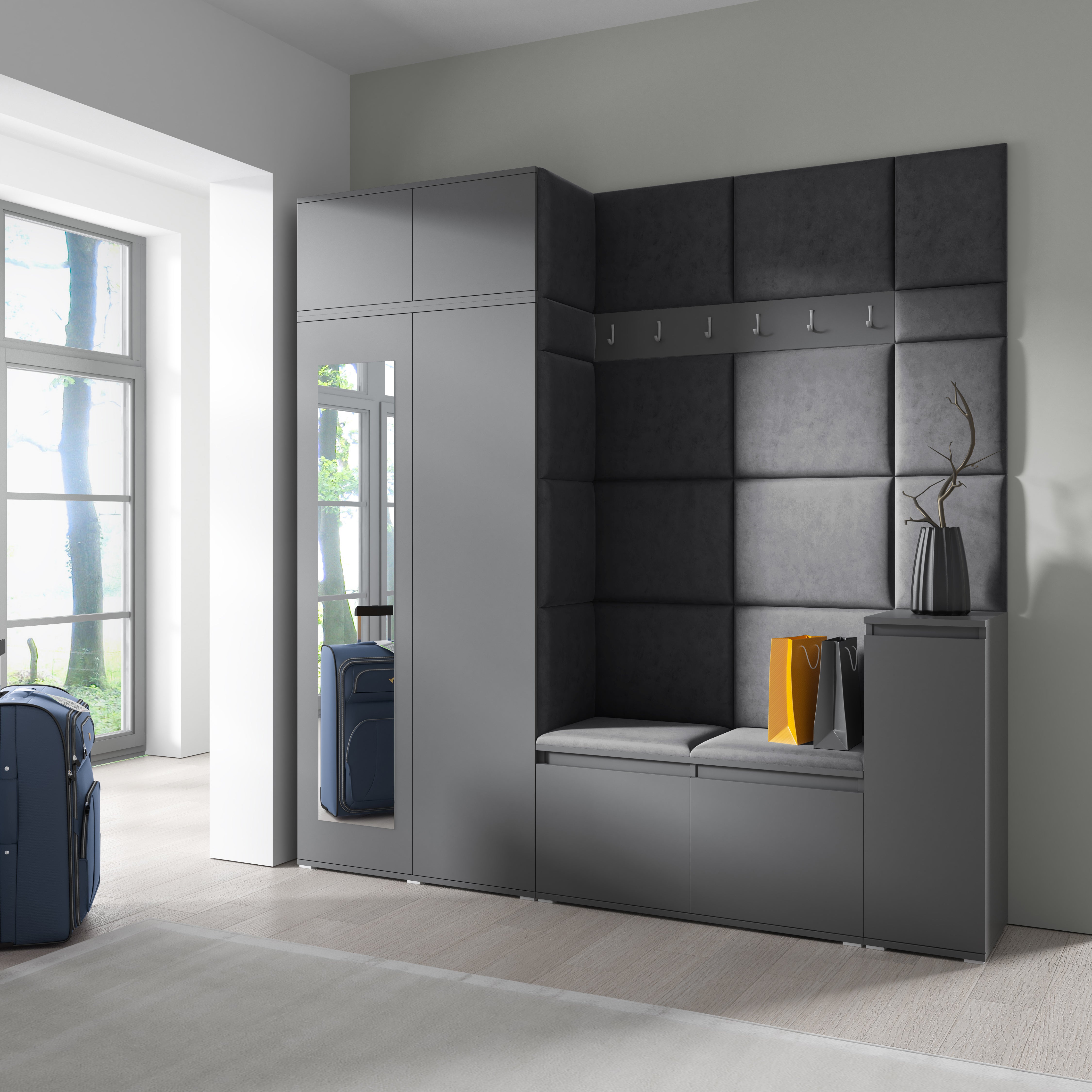 PK Emi 26 Hallway Wardrobe Graphite - Upholstered Panels in Various Colours