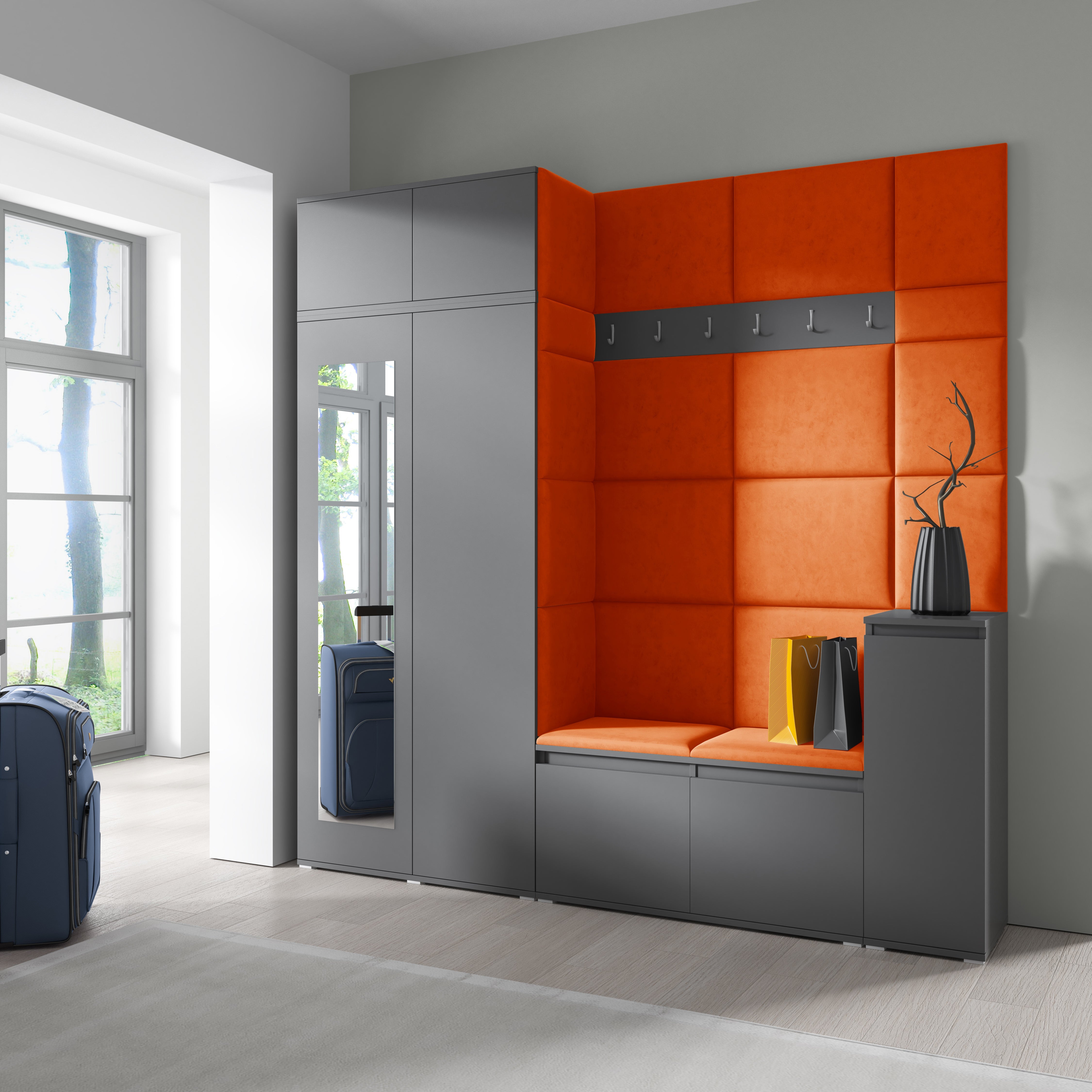 PK Emi 26 Hallway Wardrobe Graphite - Upholstered Panels in Various Colours