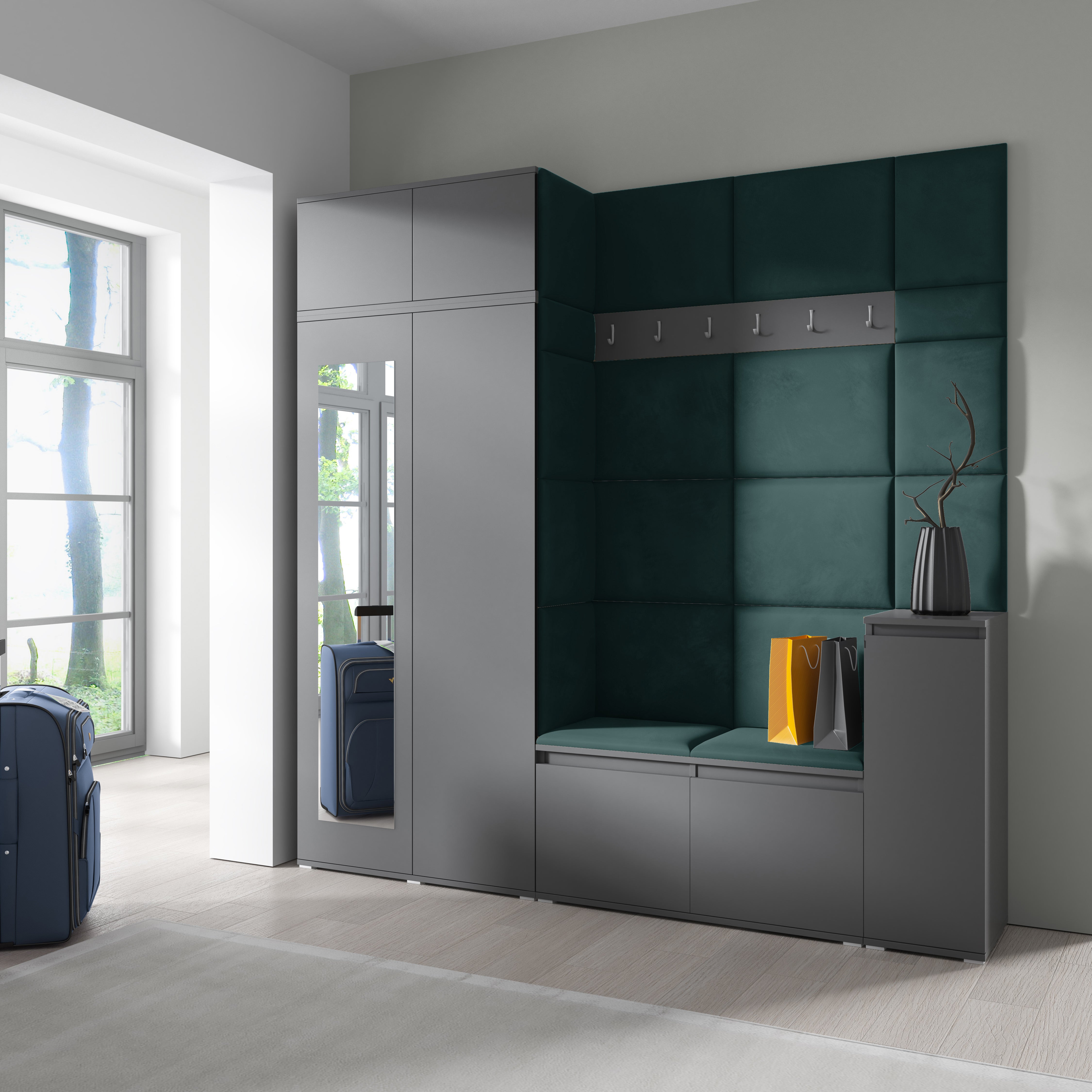 PK Emi 26 Hallway Wardrobe Graphite - Upholstered Panels in Various Colours
