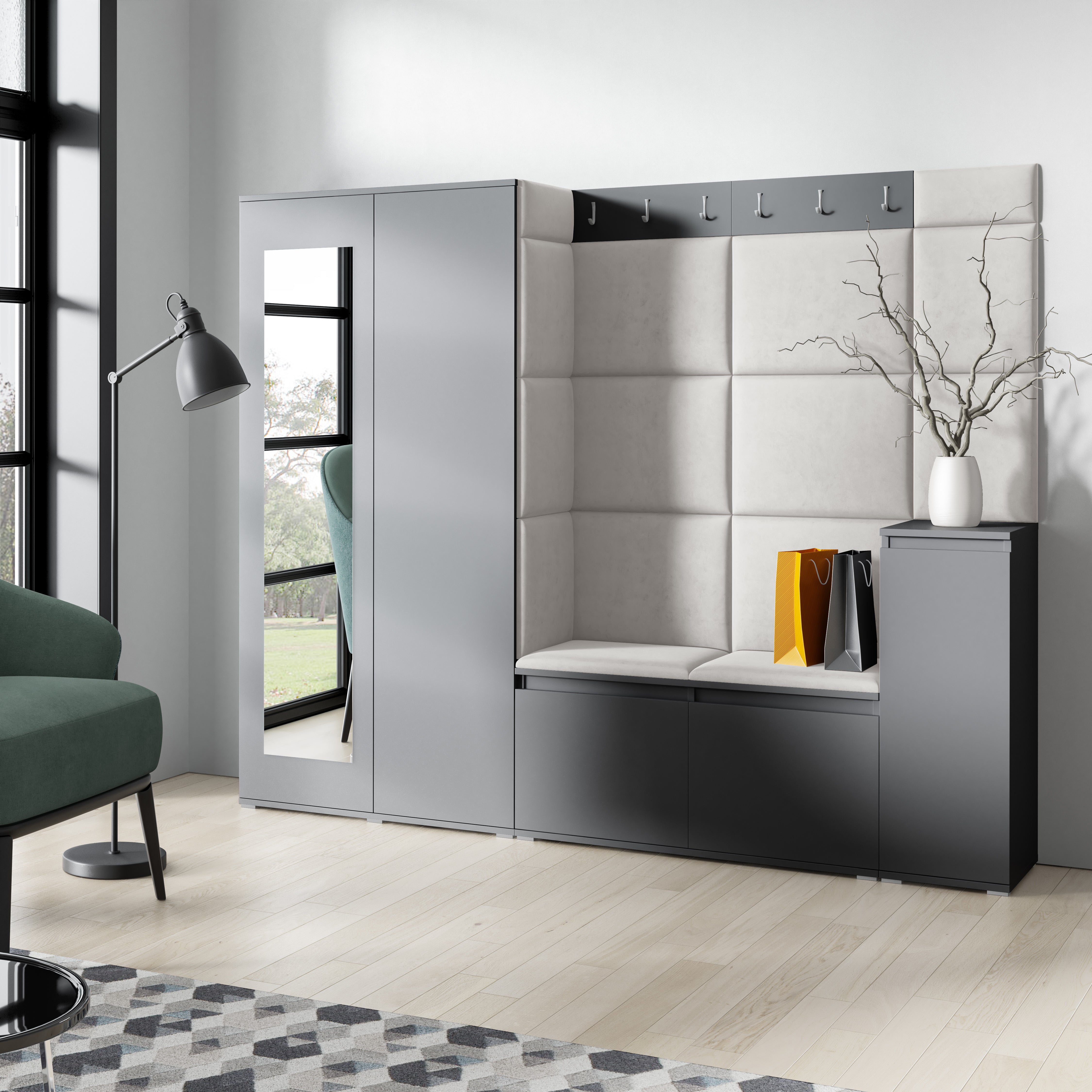 PK Emi 27 Hallway Wardrobe Graphite - Upholstered Panels in Various Colours