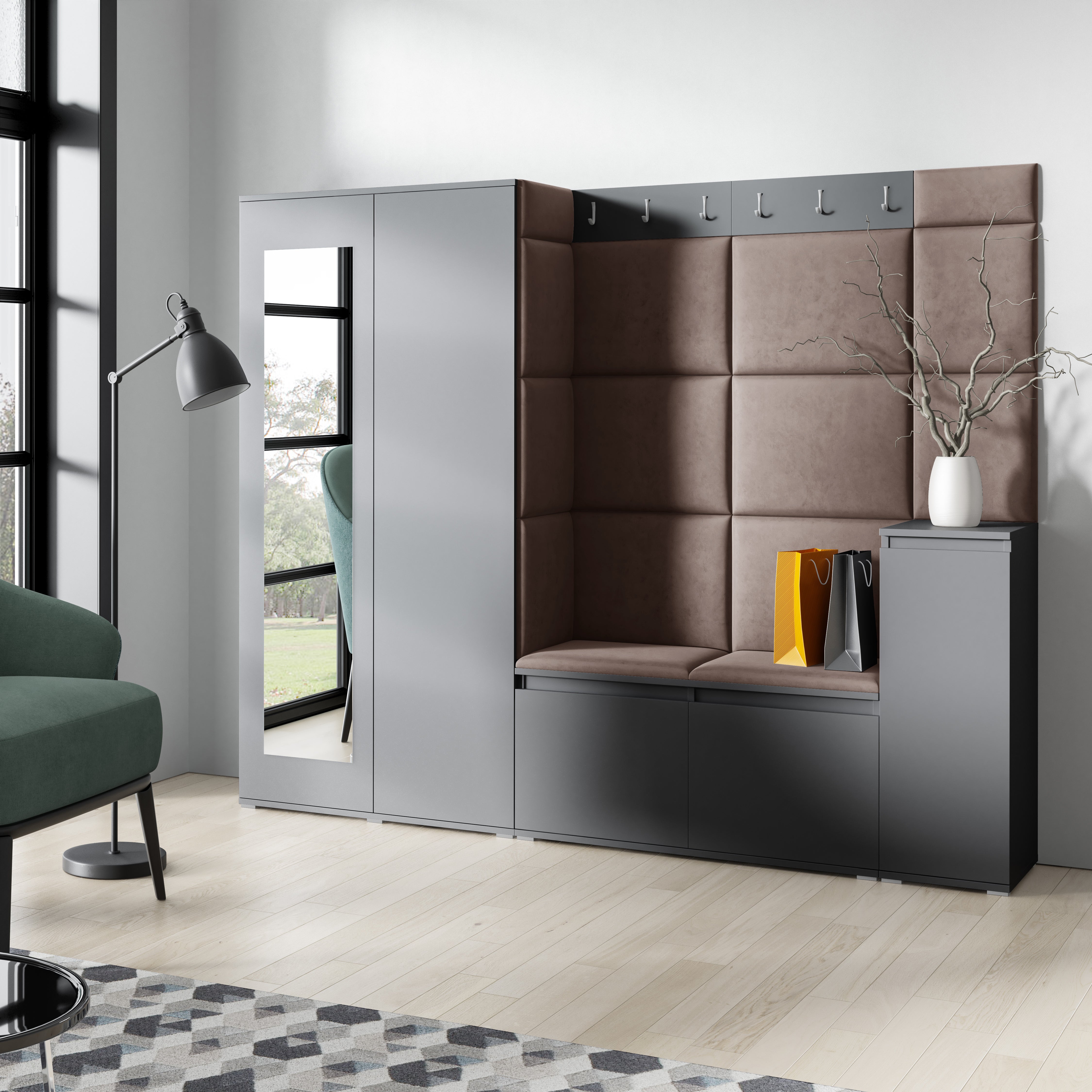PK Emi 27 Hallway Wardrobe Graphite - Upholstered Panels in Various Colours