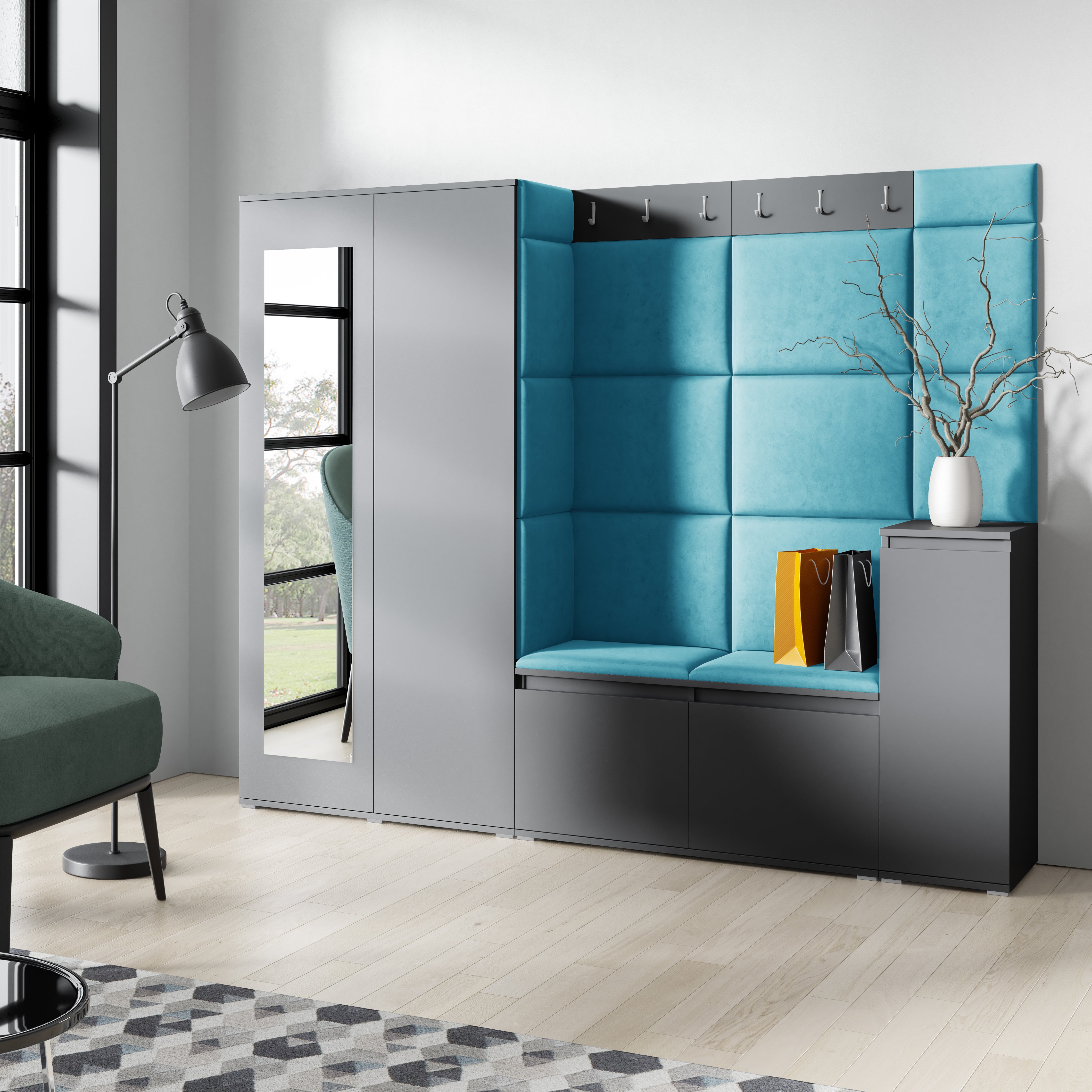 PK Emi 27 Hallway Wardrobe Graphite - Upholstered Panels in Various Colours