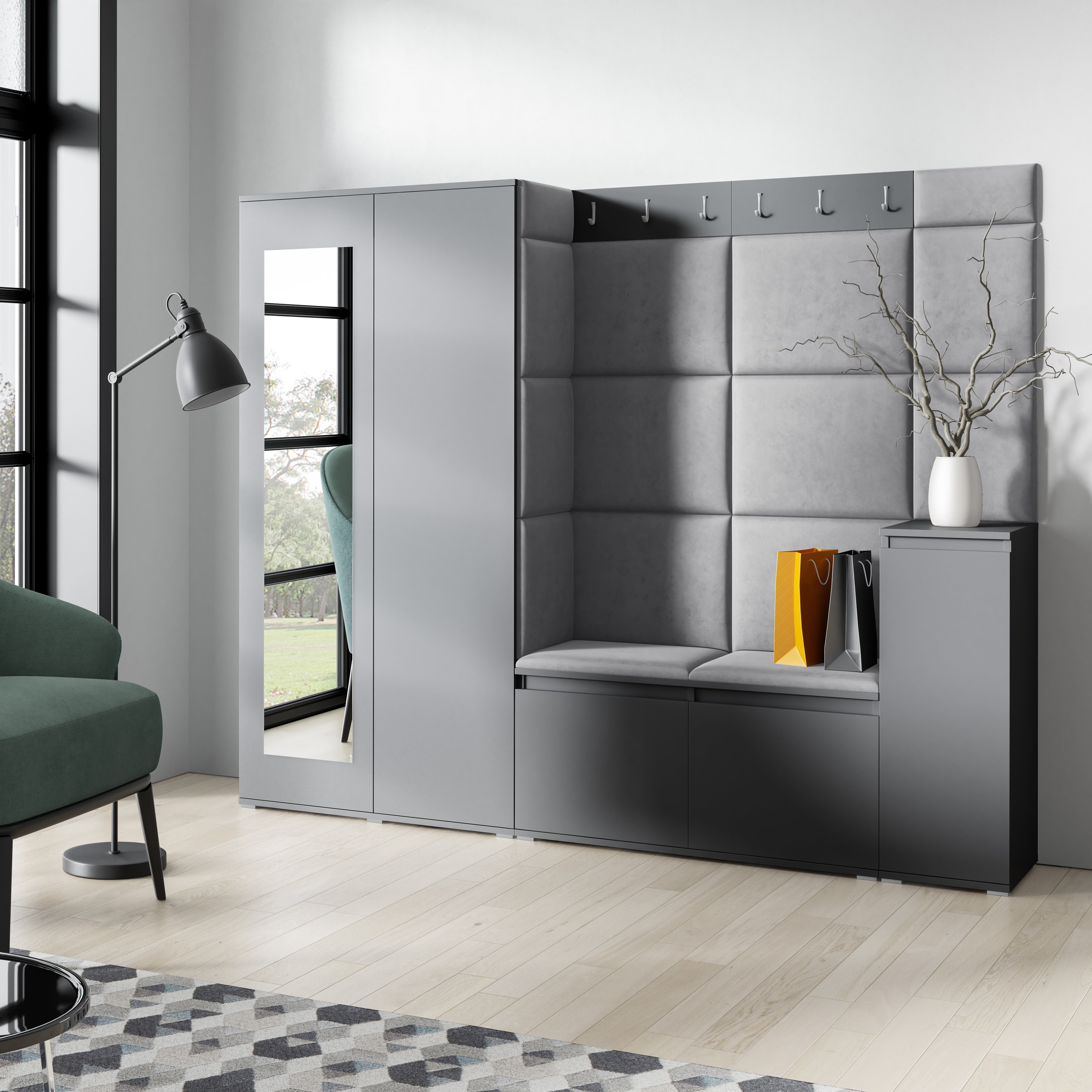 PK Emi 27 Hallway Wardrobe Graphite - Upholstered Panels in Various Colours