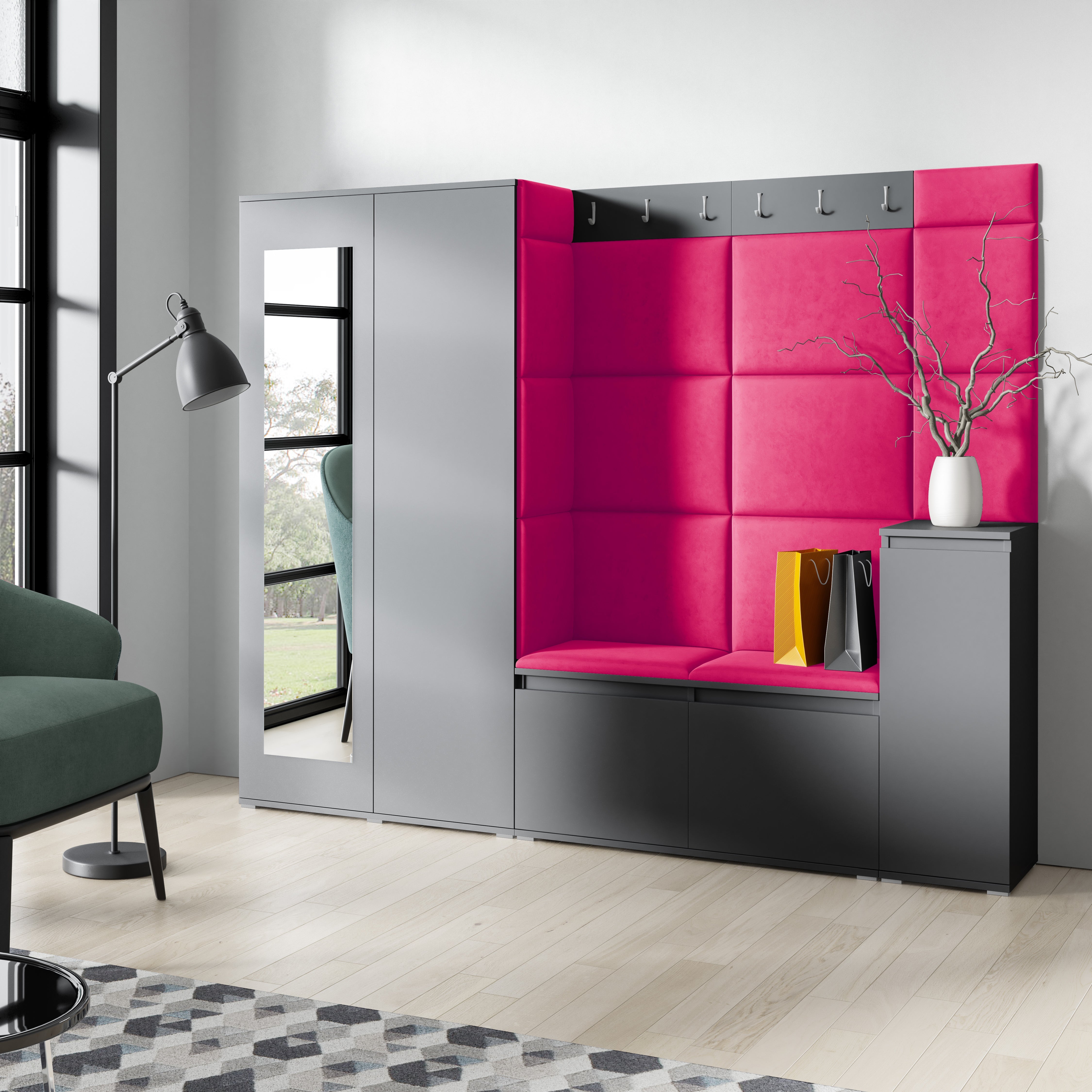 PK Emi 27 Hallway Wardrobe Graphite - Upholstered Panels in Various Colours