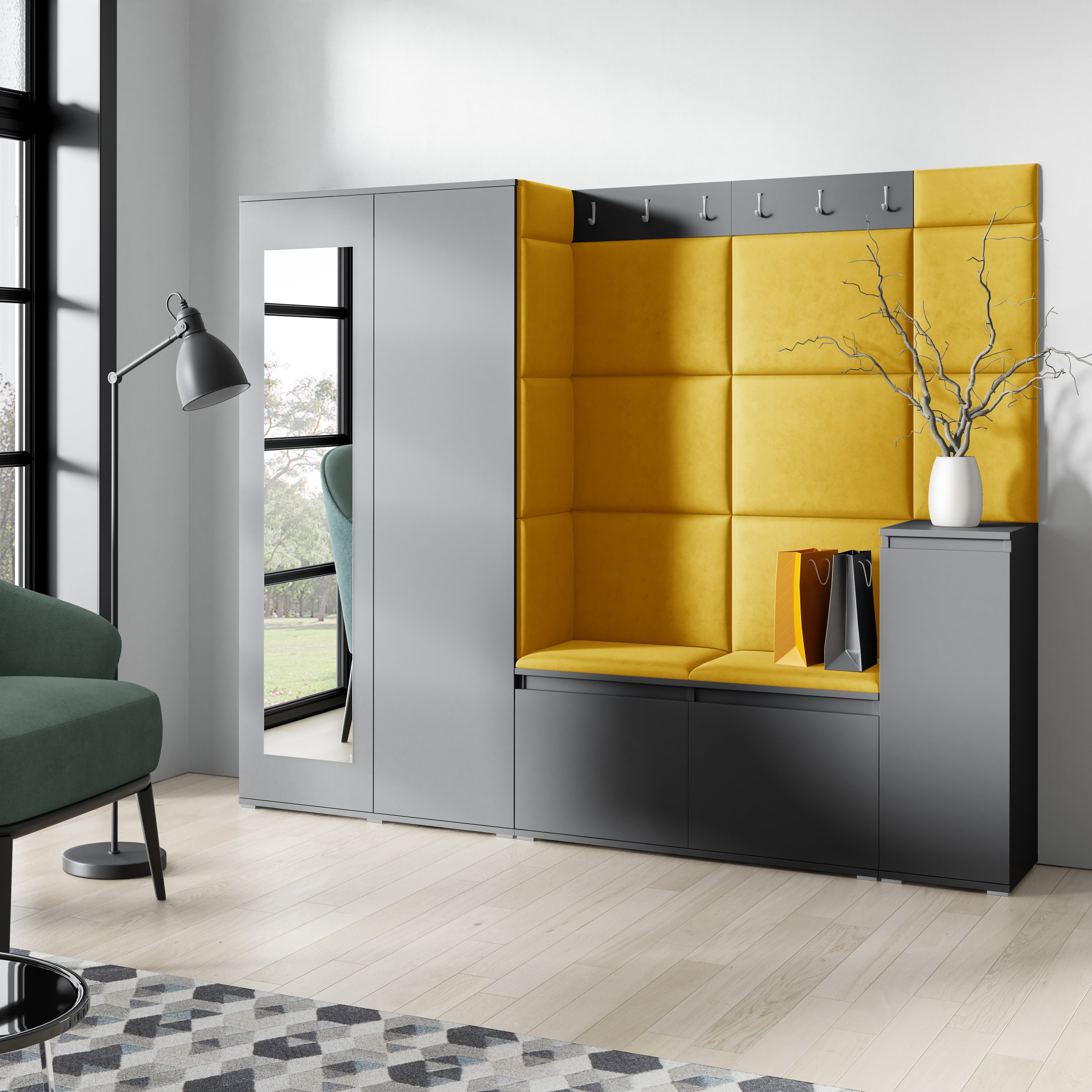 PK Emi 27 Hallway Wardrobe Graphite - Upholstered Panels in Various Colours