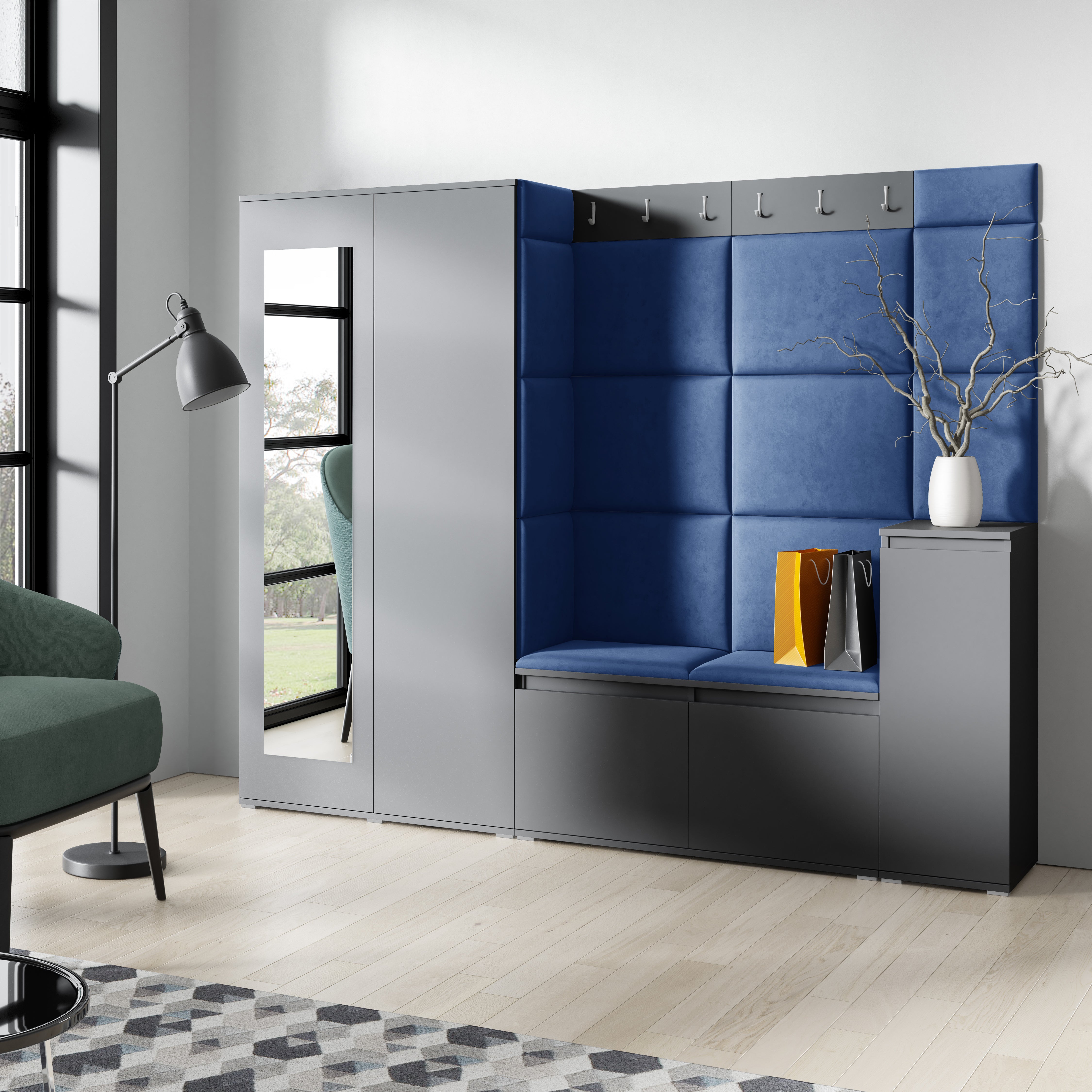PK Emi 27 Hallway Wardrobe Graphite - Upholstered Panels in Various Colours