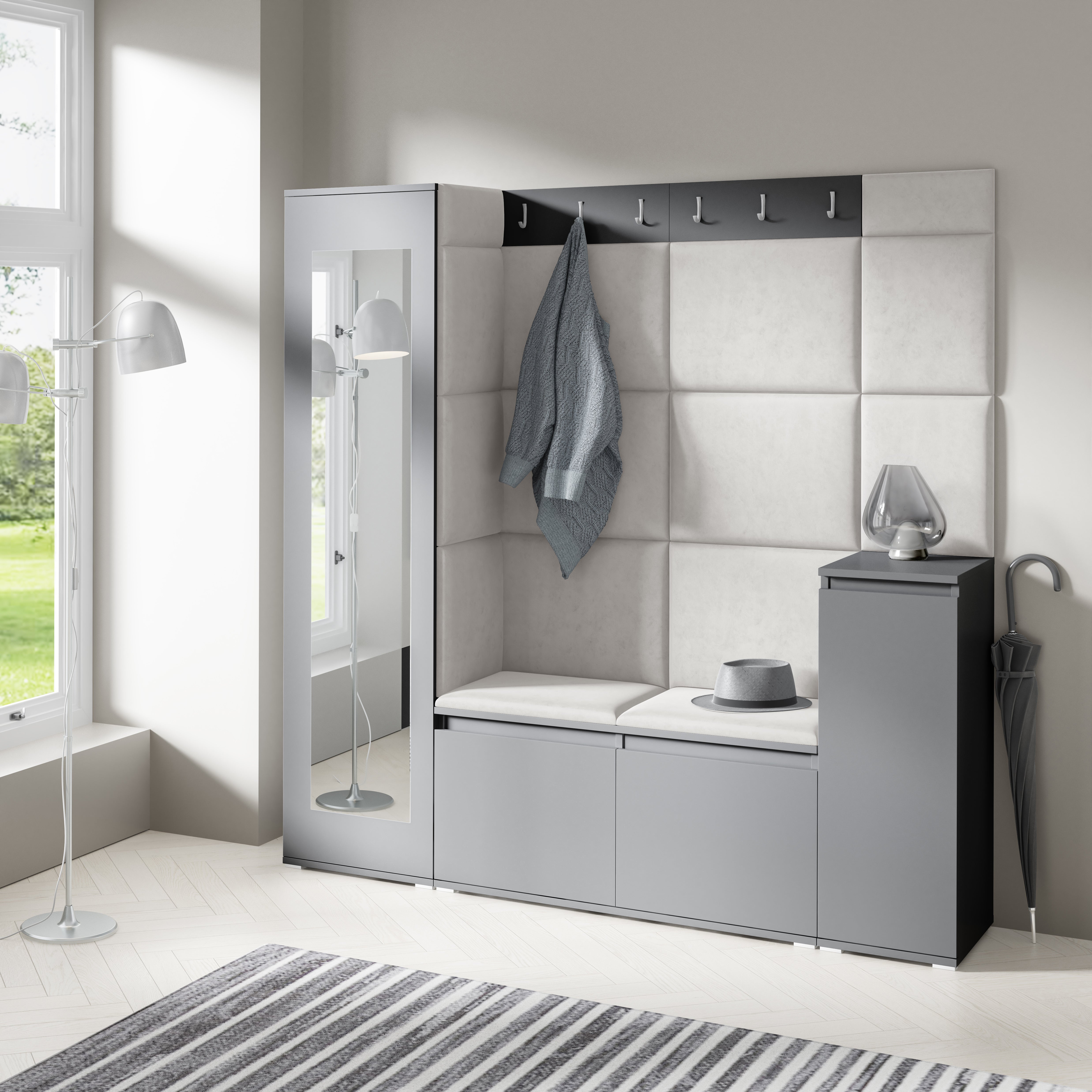 PK Emi 28 Hallway Wardrobe Graphite - Upholstered Panels in Various Colours